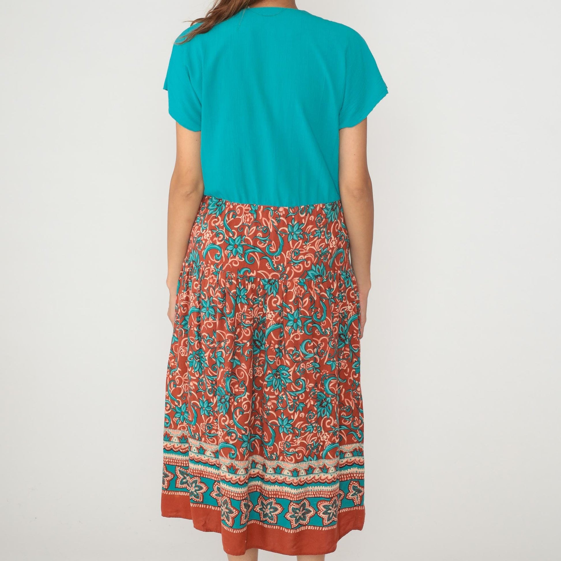 90s Caroline Wells Turquoise Floral Rayon Maxi Dress Short Sleeve Medium
