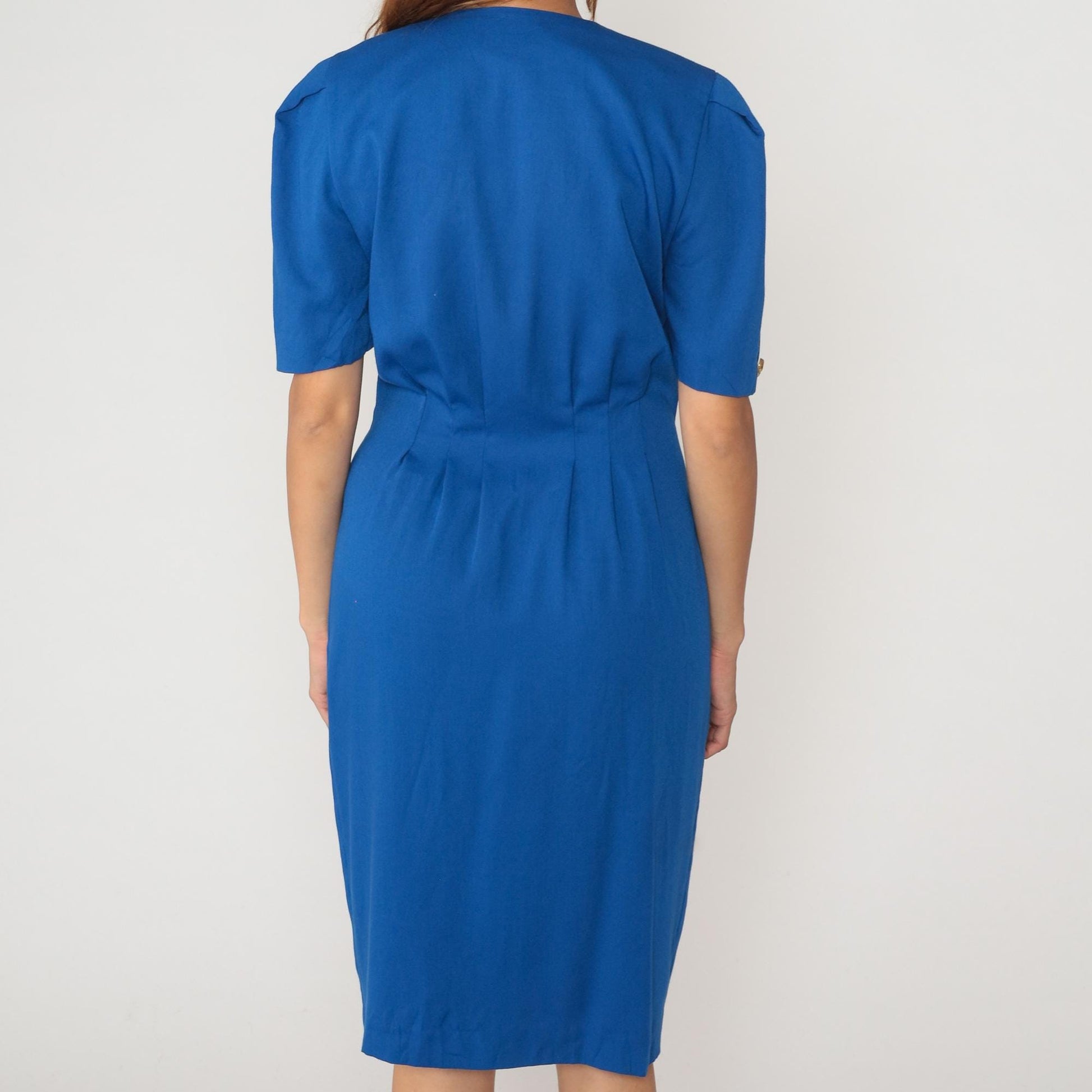 90s Royal Blue Secretary Dress Puff Sleeve Fitted Waist Knee-Length Medium