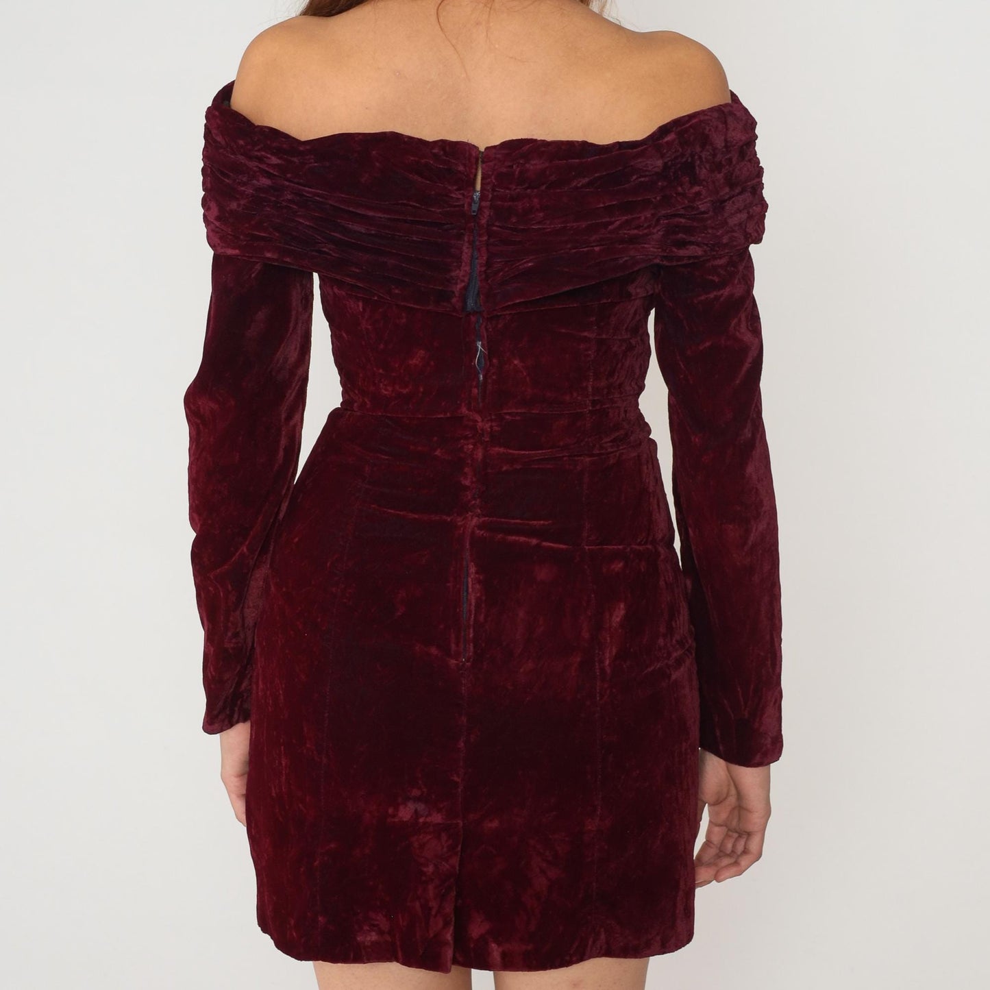 90s Rampage Burgundy Velvet Mini Dress Off-Shoulder Long Sleeve Small