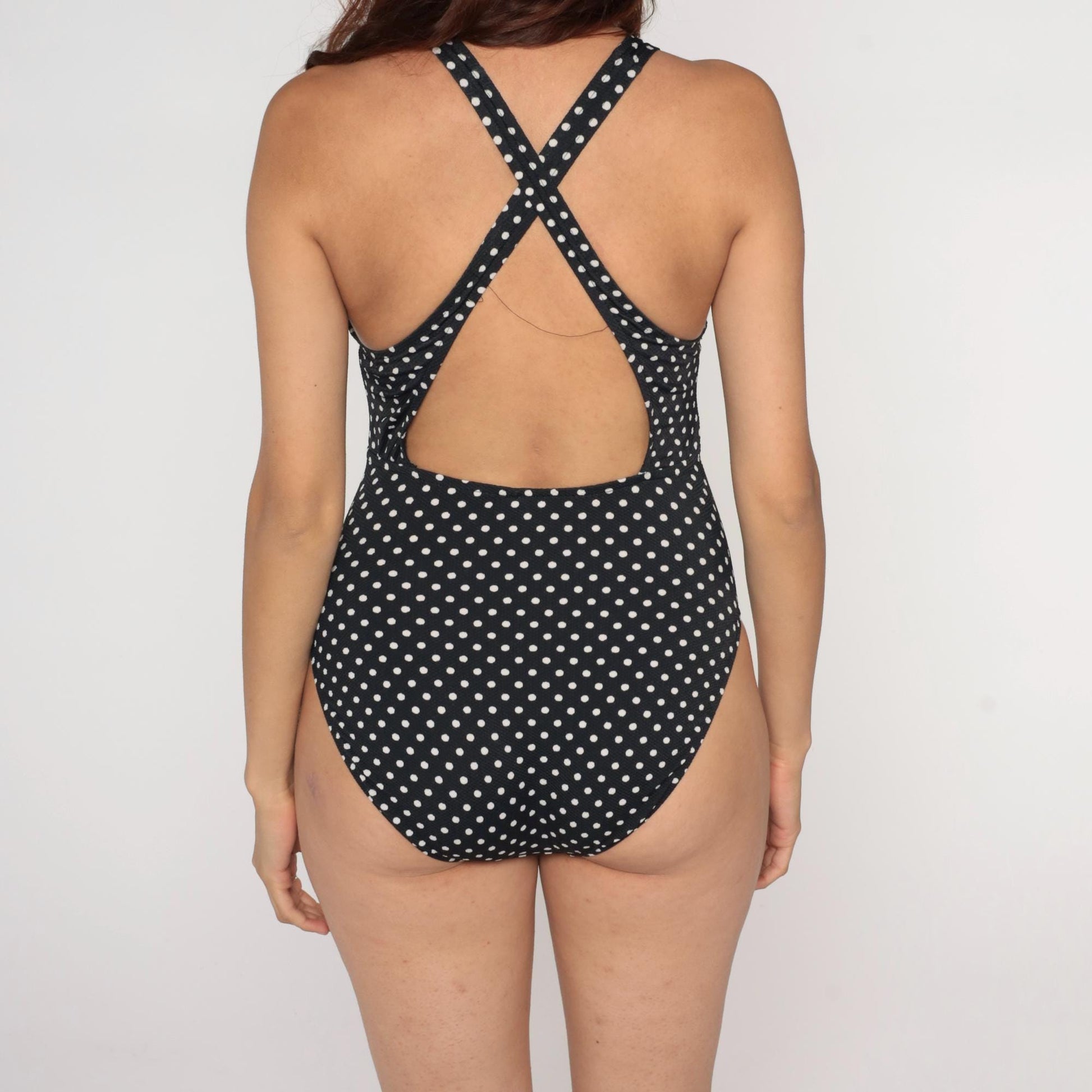 80s Jantzen Black White Polka Dot One-Piece Swimsuit Mesh Panel High Neck Size 12