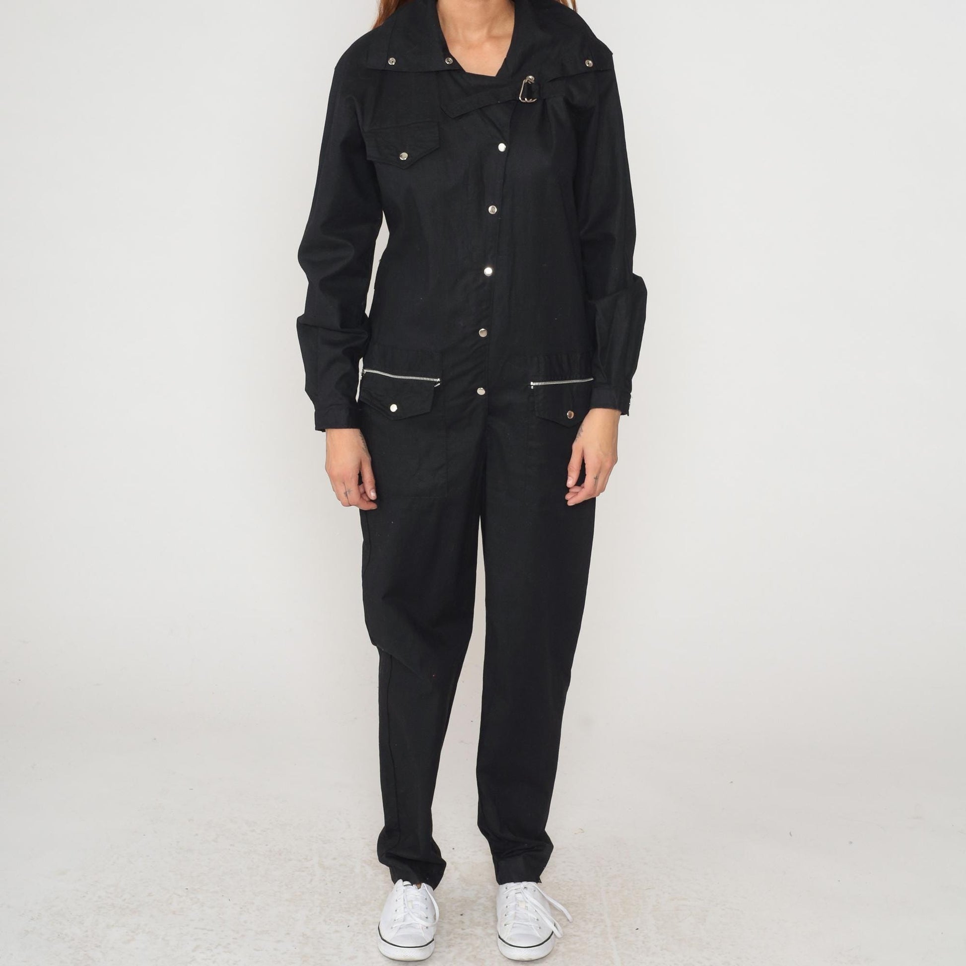 90s Nanci Jennifer Black Cotton Jumpsuit Utility Workwear Snap Medium