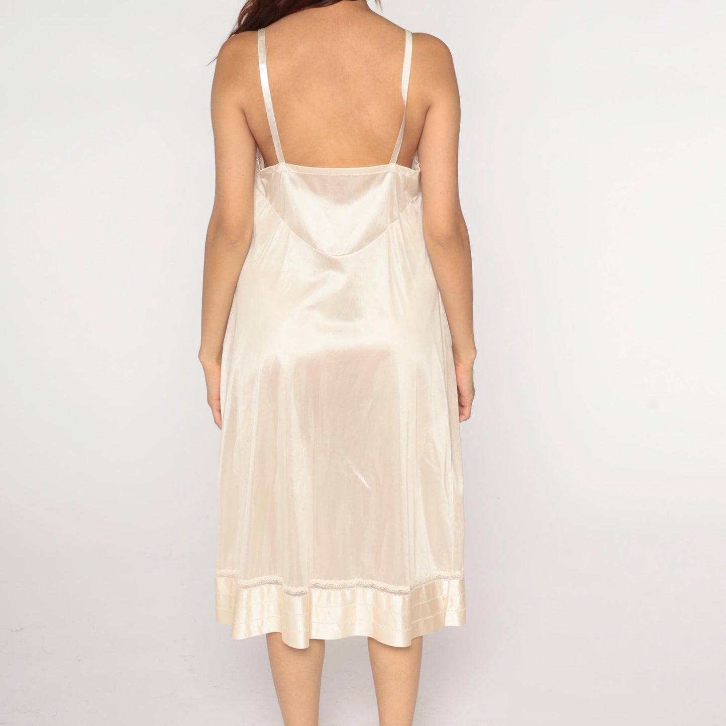80s Lorraine Cream Slip Dress Lace Trim Ruffle Hem V-Neck Large