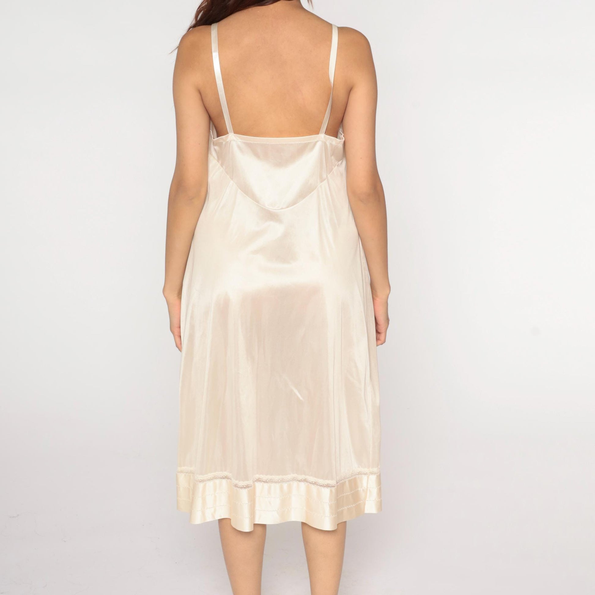 80s Lorraine Cream Slip Dress Lace Trim Ruffle Hem V-Neck Large