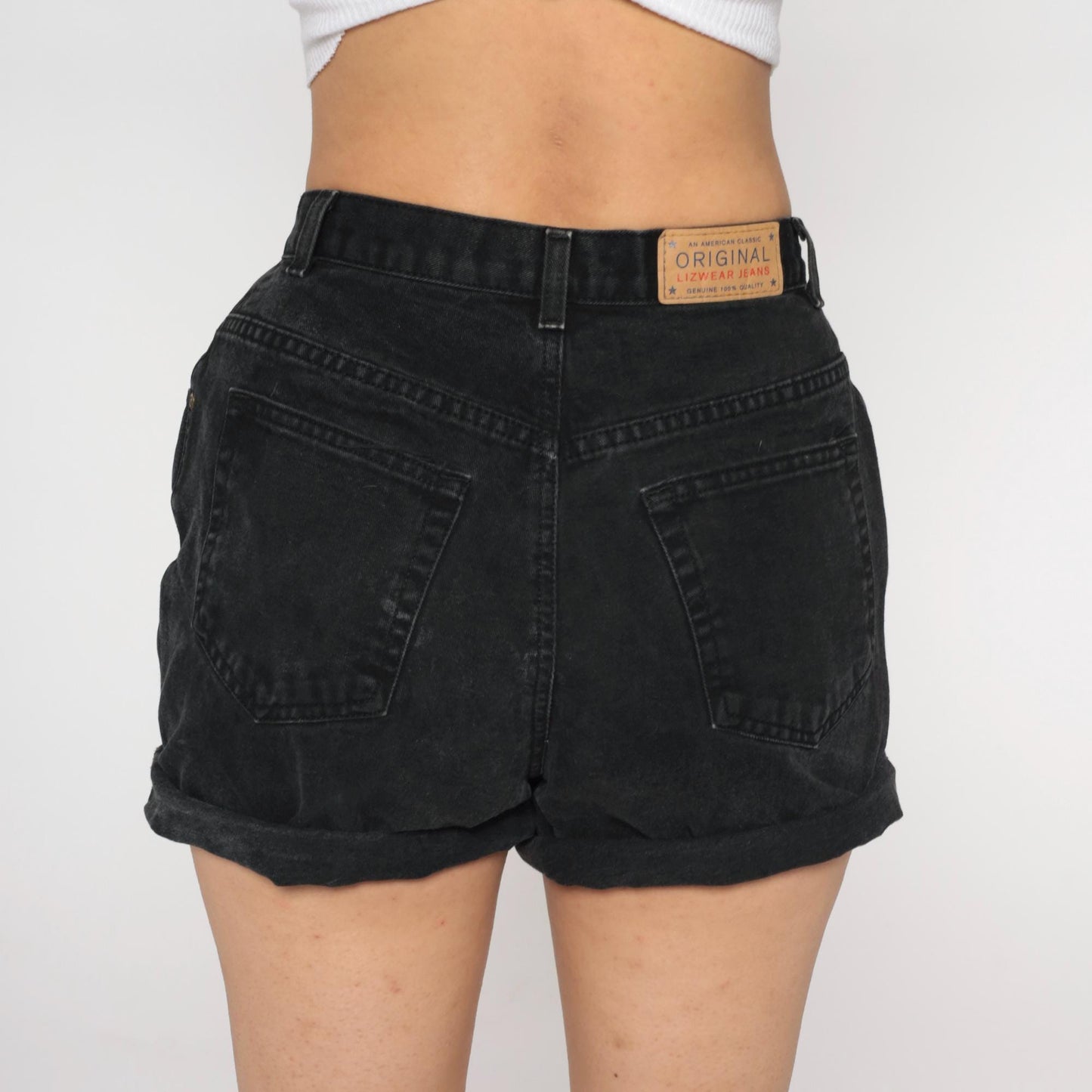 90s Liz Claiborne Black Denim Shorts High Waist Rolled Cuff Medium