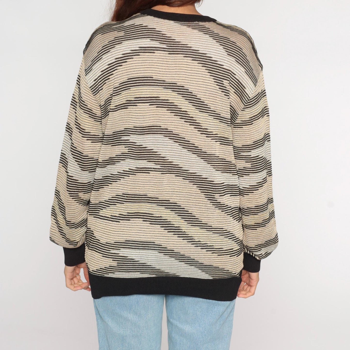 Y2K Aias Golf Striped Sweater Black Beige Cream Knit Pullover Medium M