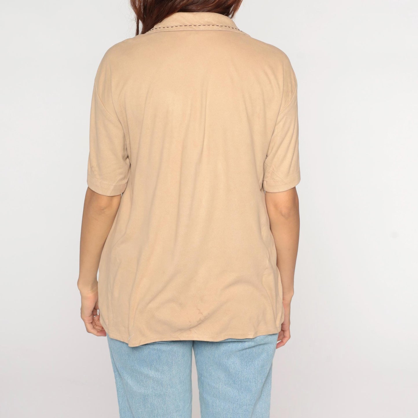 Y2K Positano Beige Camp Collar Shirt Short Sleeve Stitch Detail Small S