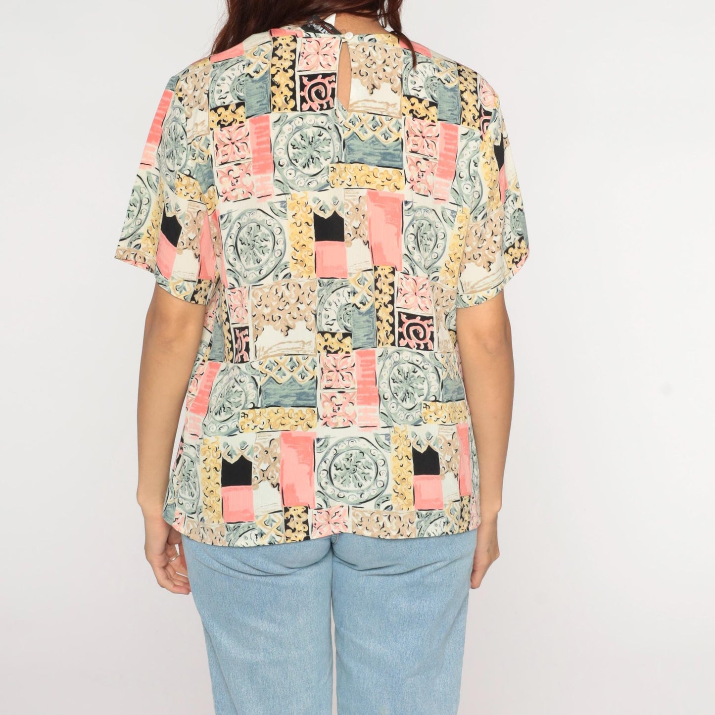 90s Patchwork Tile Print Blouse Pastel Geometric Short-Sleeve Large L