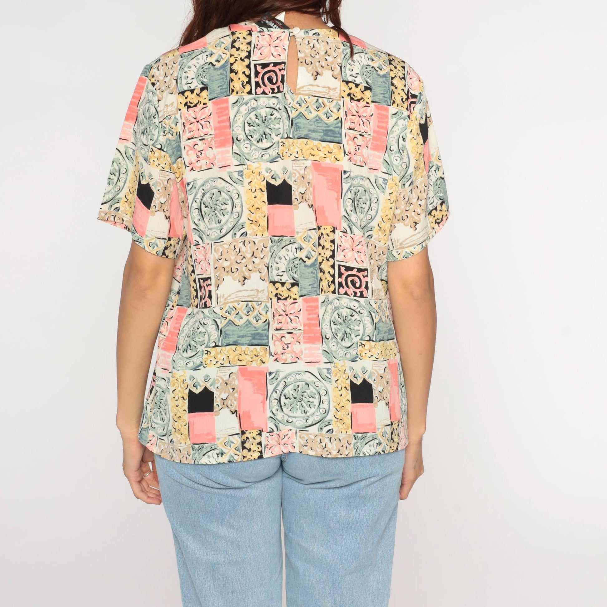90s Patchwork Tile Print Blouse Pastel Geometric Short-Sleeve Large L