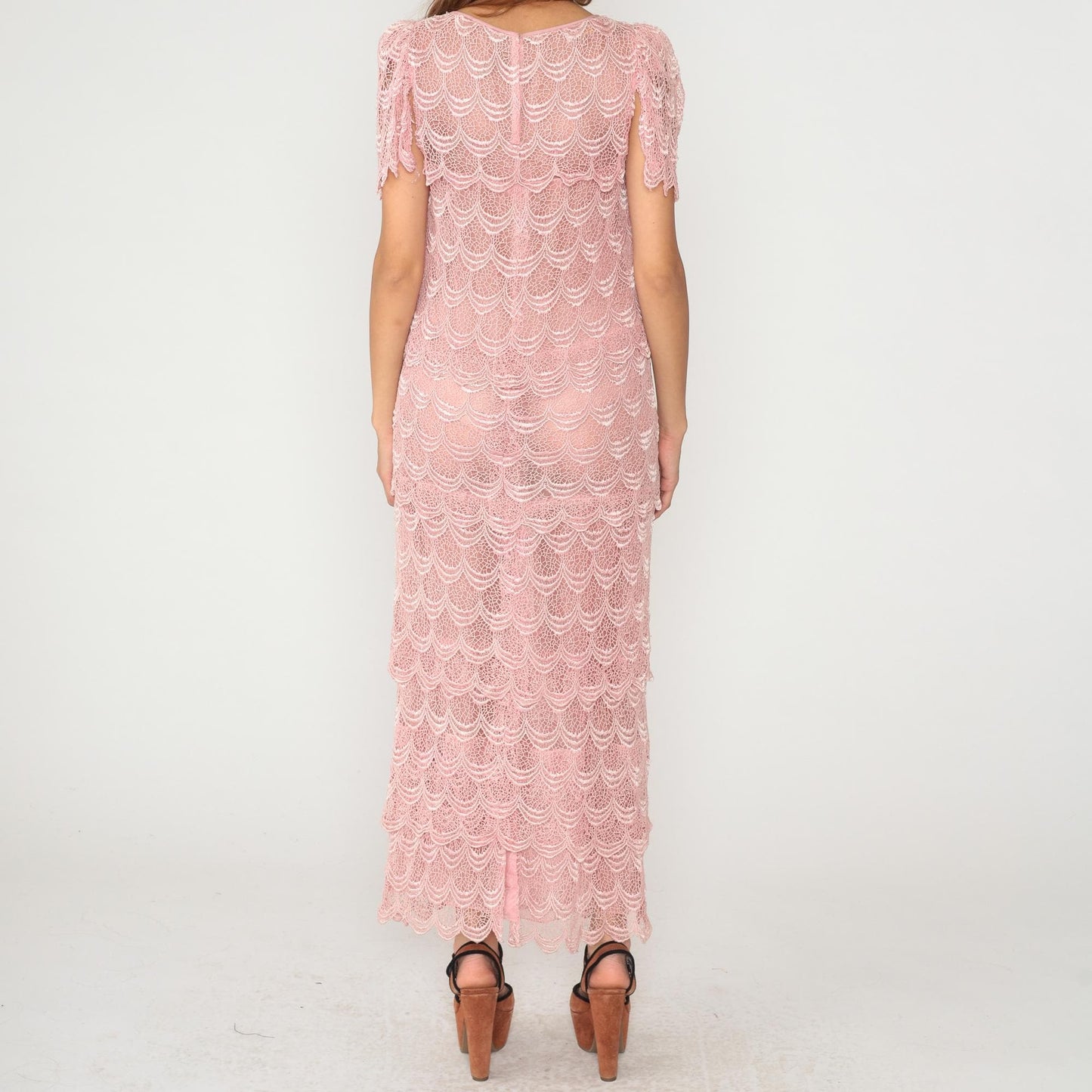 80s Martinique Pink Lace Maxi Dress Scalloped Short Sleeve Small
