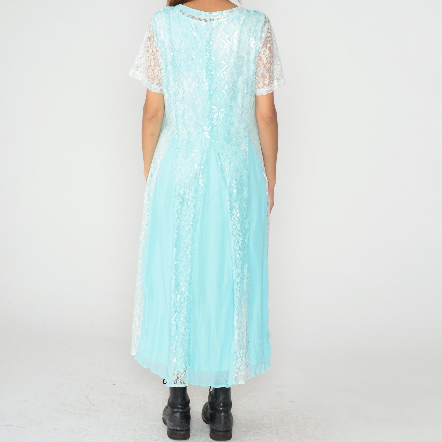 90s Vicki Wayne Aqua Lace Maxi Dress White Crochet Trim V-Neck Large L