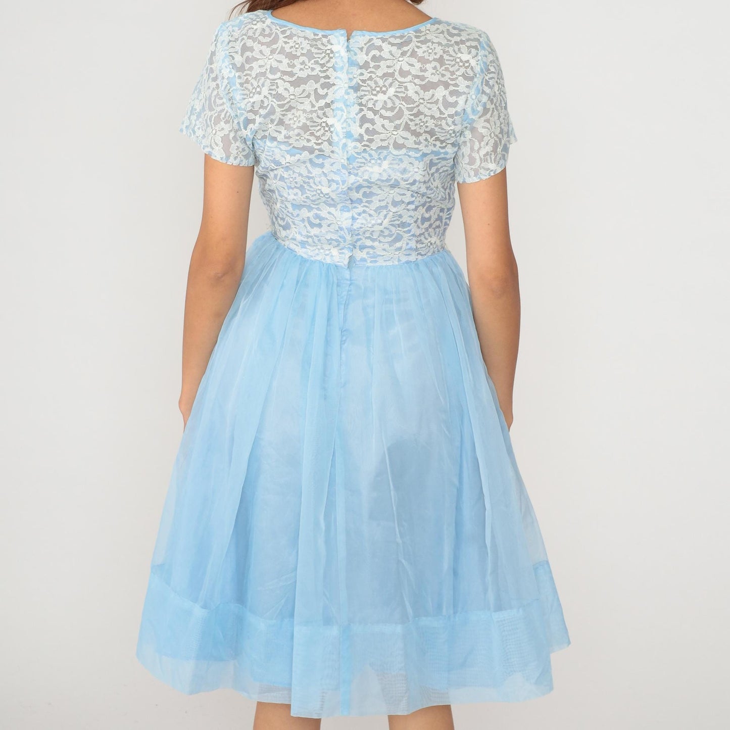 60s Light Blue Floral Lace Party Dress White Overlay Chiffon Skirt Small