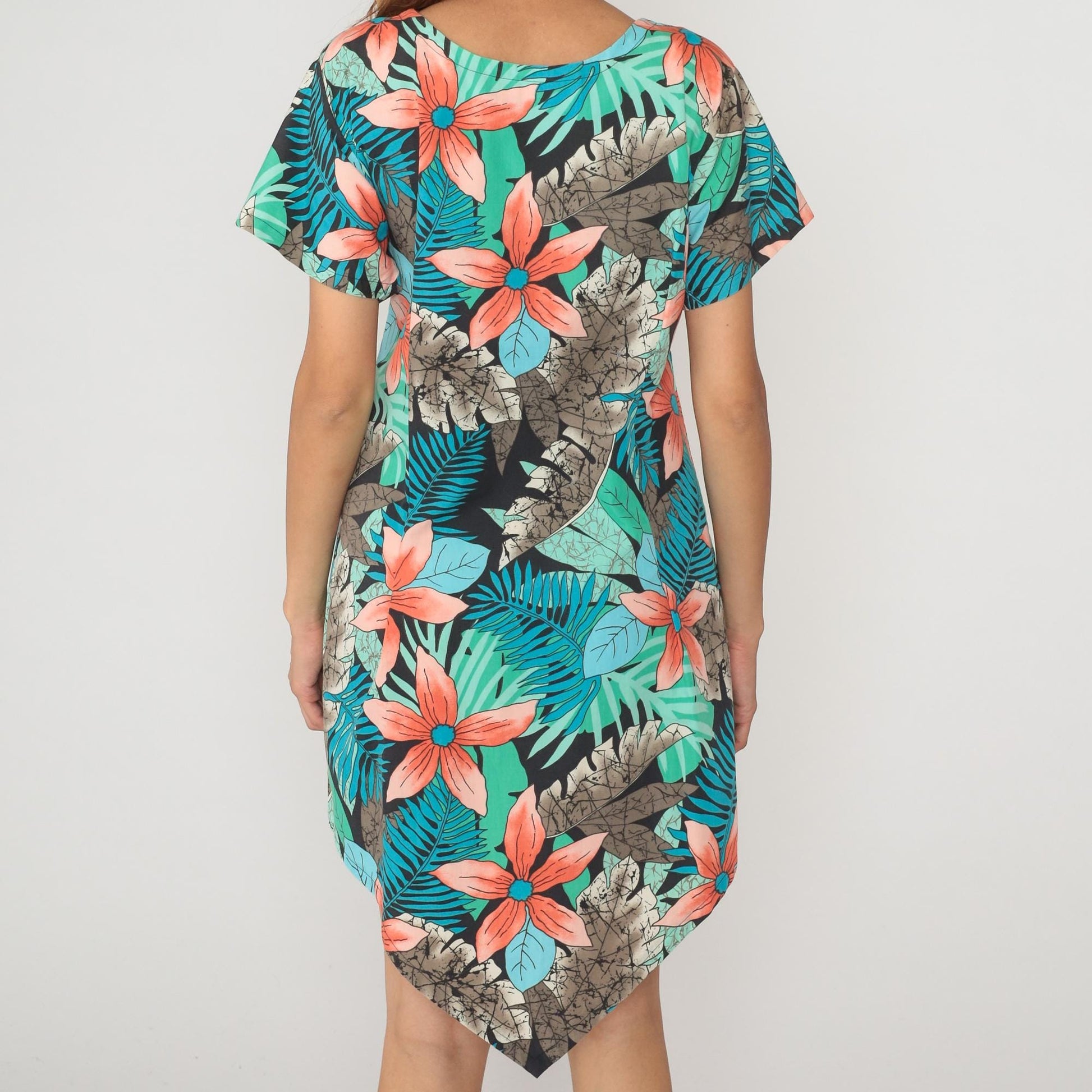 80s Tropical Palm Leaf Floral Asymmetrical Dress Coral Teal Cotton Small