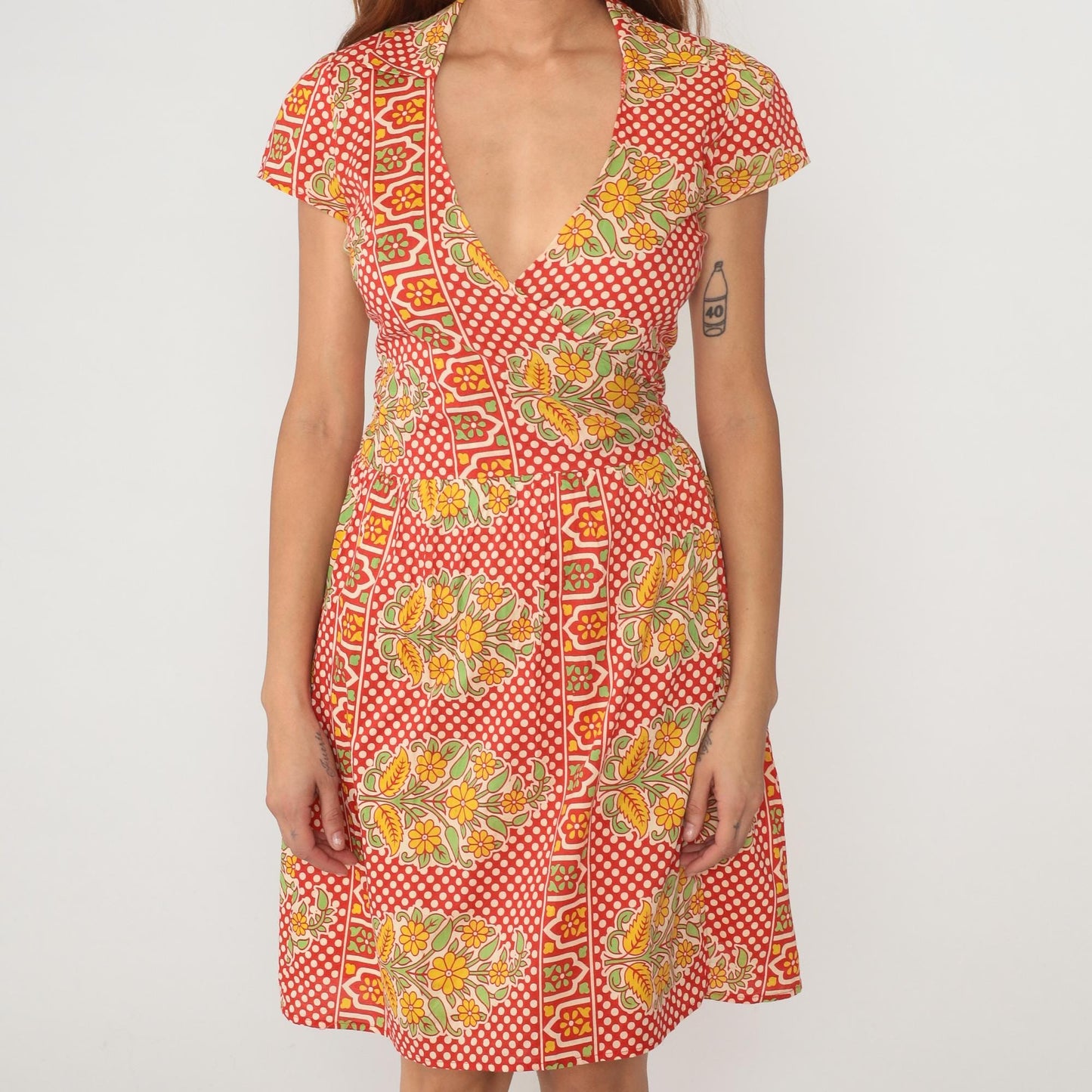 90s Wrap Dress Coral Red Polka Dot Floral Print Cotton V-Neck Medium M