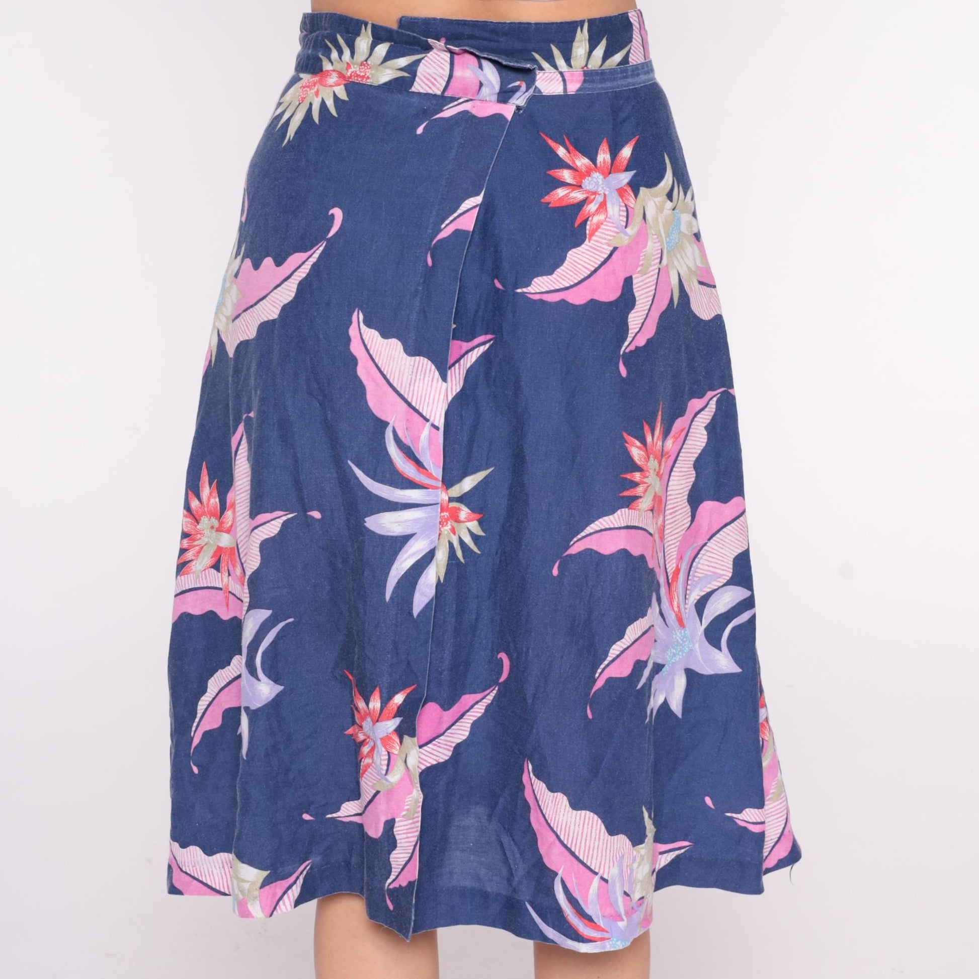 80s Sixpence Floral Wrap Skirt Navy Pink Purple Knee Length Small