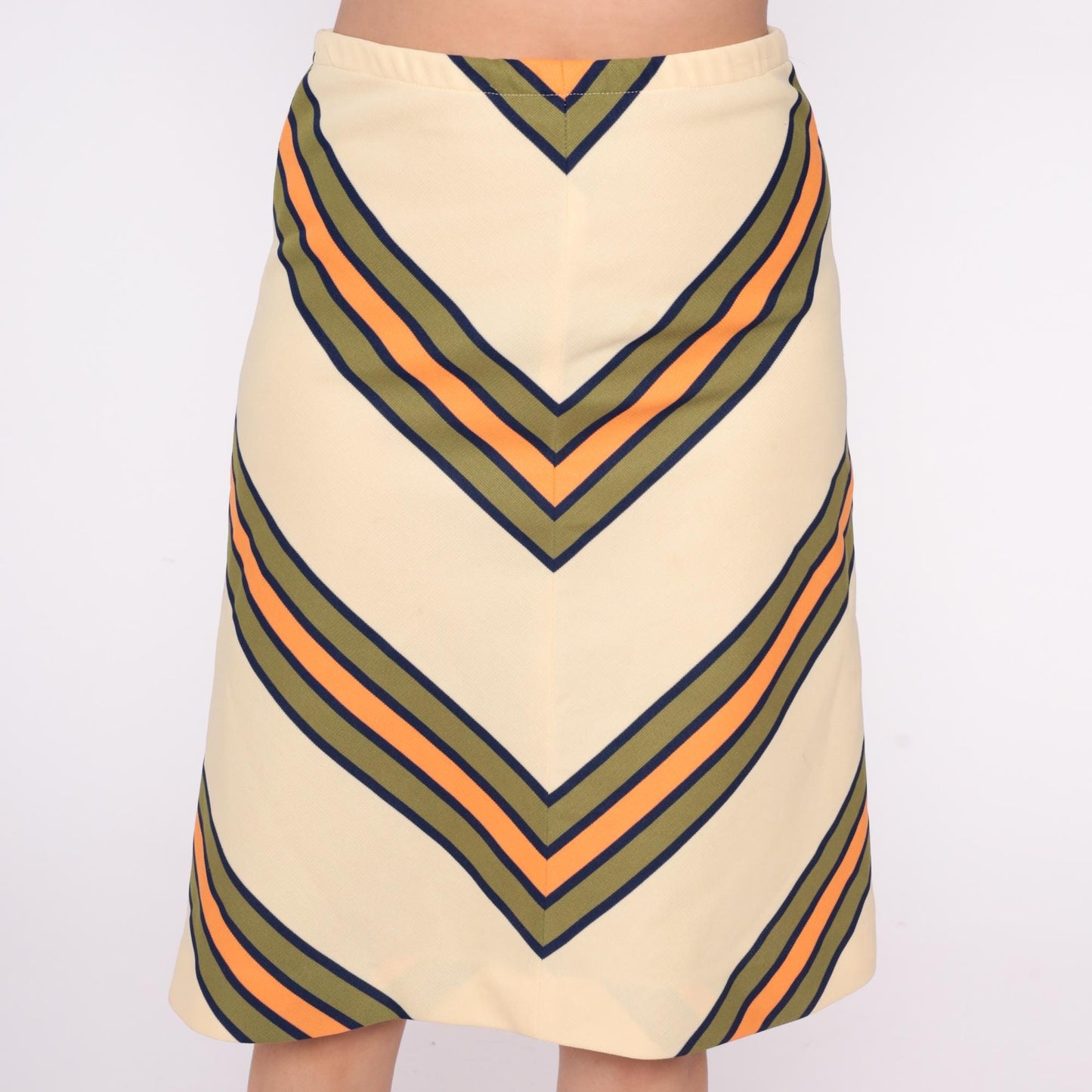 70s Chevron A-Line Skirt Cream Navy Orange Stripe Knee-Length Medium Large