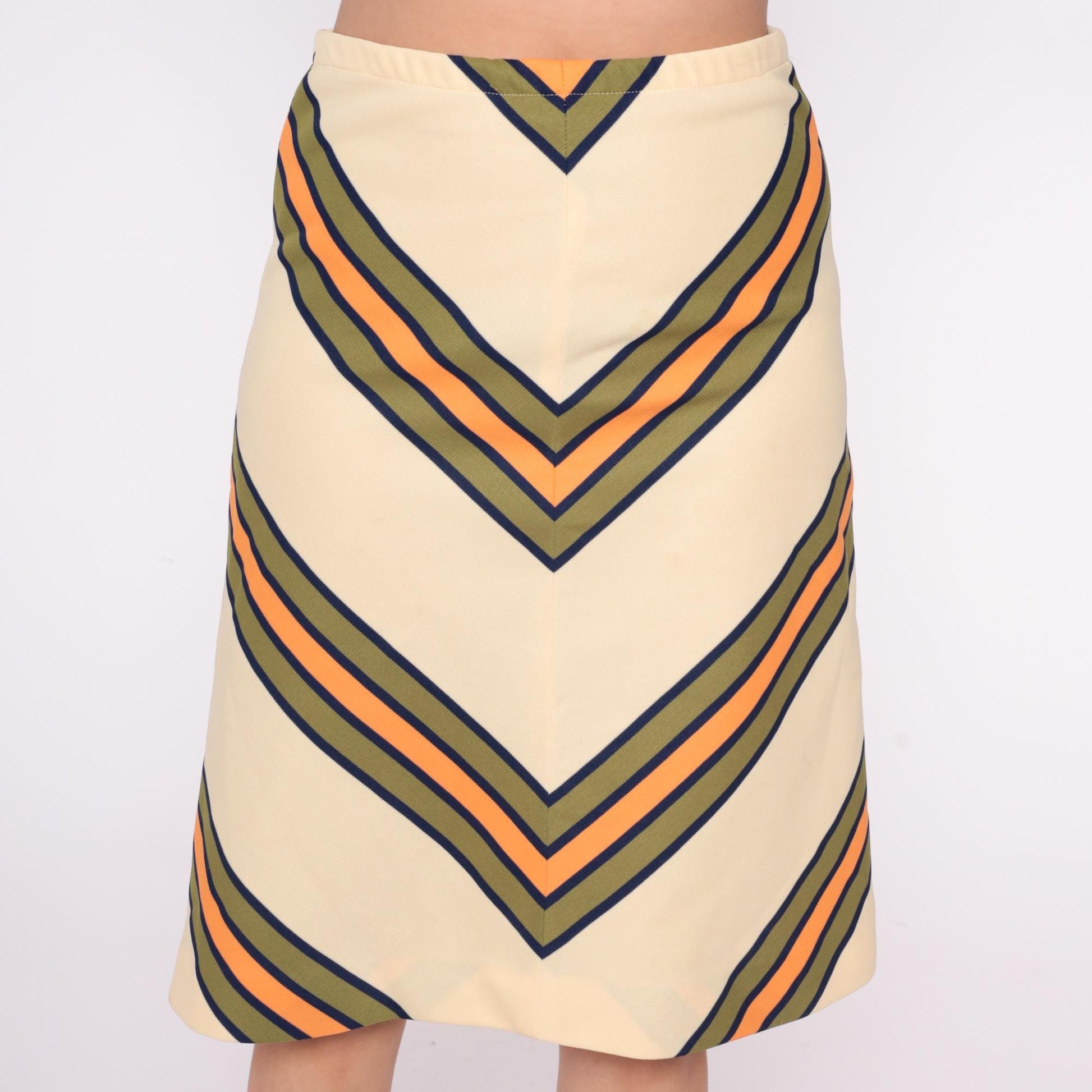 70s Chevron A-Line Skirt Cream Navy Orange Stripe Knee-Length Medium Large