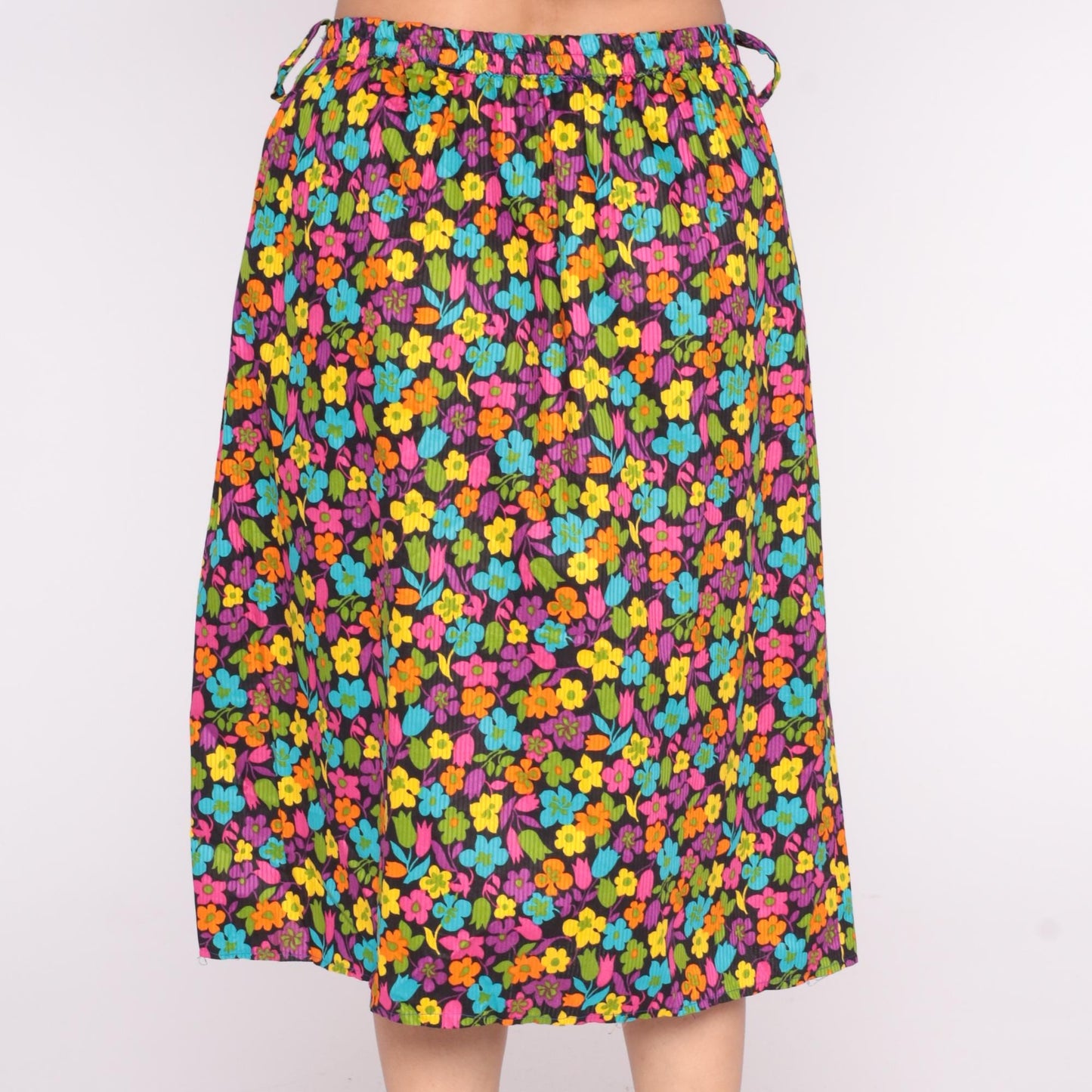 90s Black Floral A-Line Skirt Multicolor Drawstring Cotton Medium