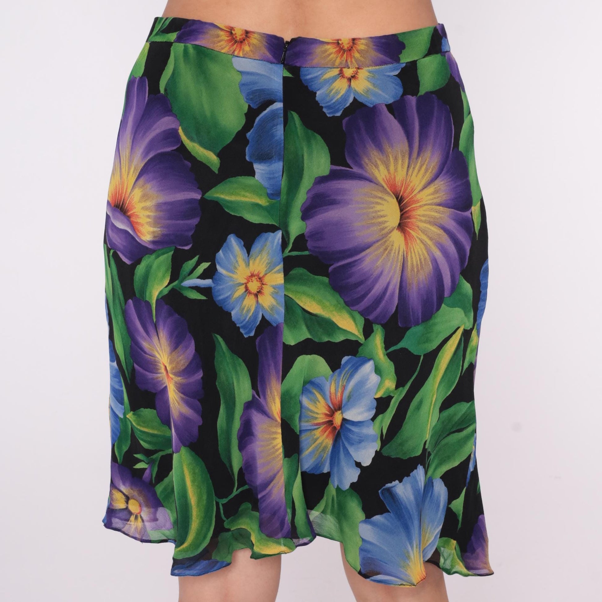 90s Liz Claiborne Silk Floral Skirt Knee-Length Black Purple Blue Medium