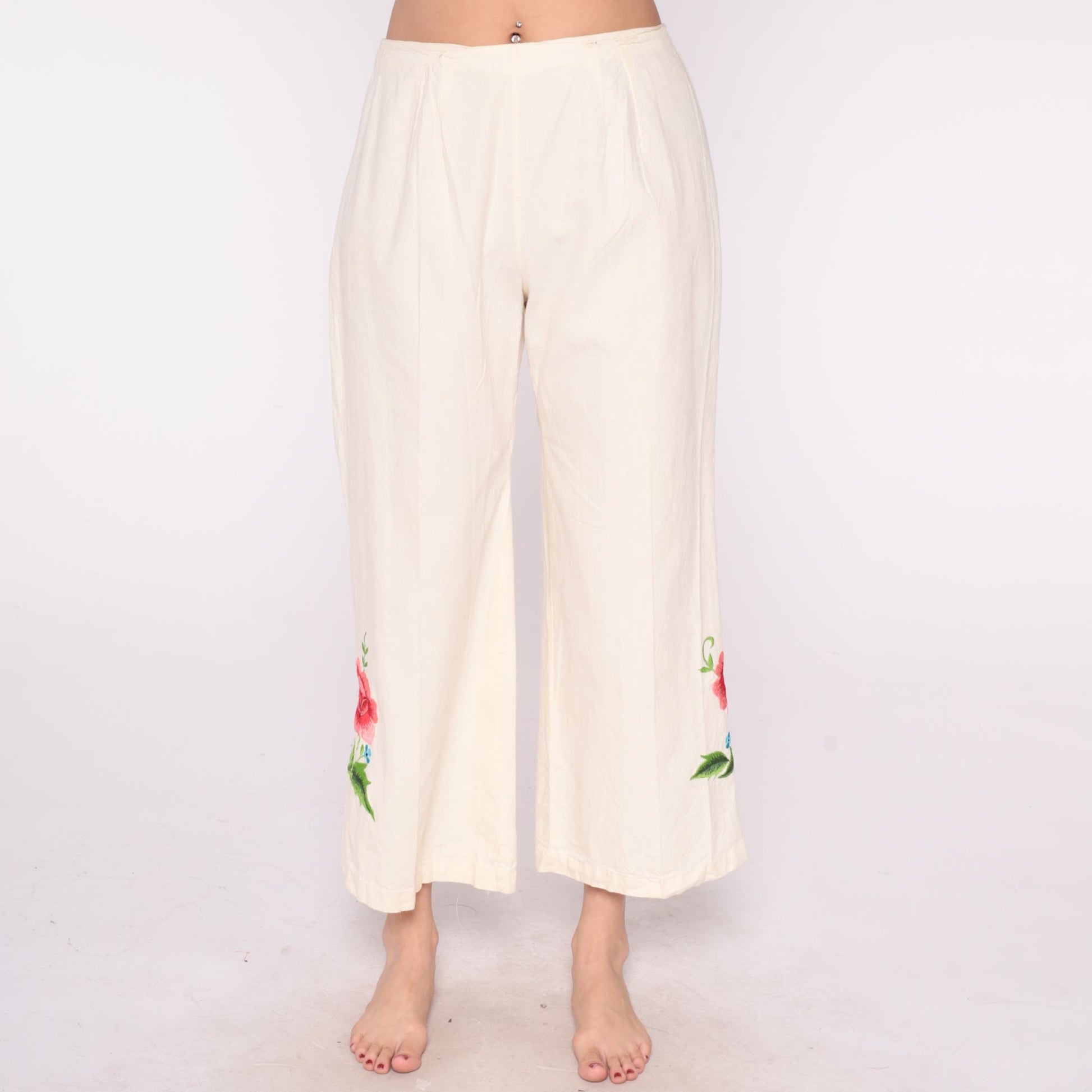 80s Floral Embroidered Cream Wide Leg Pants High Waist Palazzo Cotton Medium