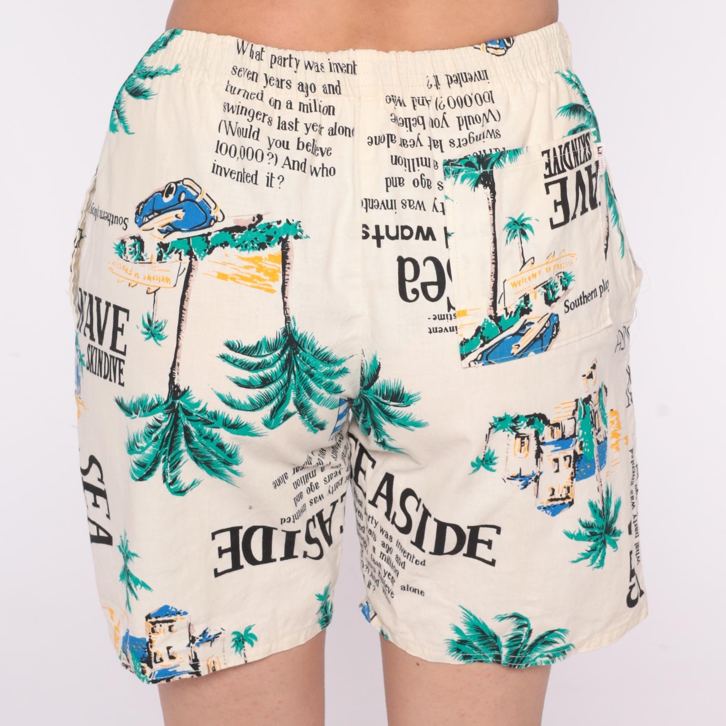 80s Tropical Palm Tree Shorts Cream Graphic Text Beach Small Medium