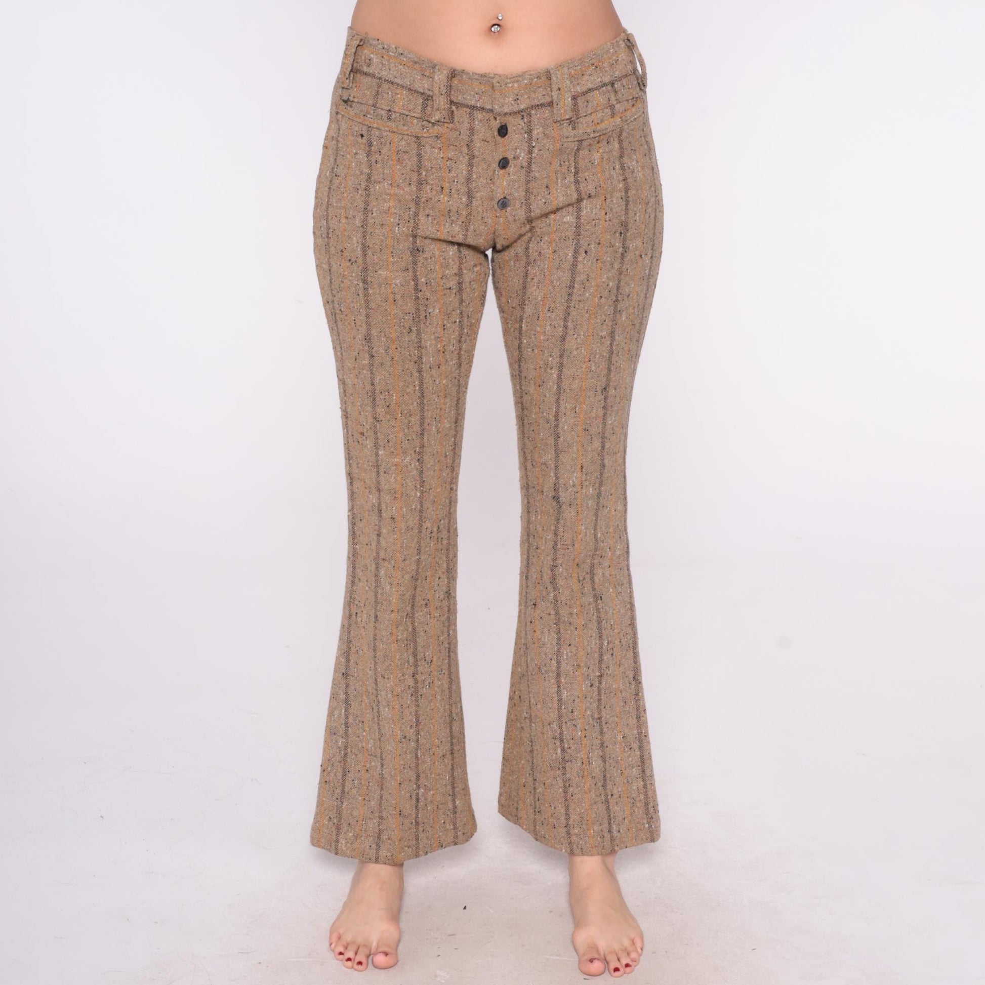 70s Brown Tweed Flare Pants High Waisted Striped Bell Bottom Medium M
