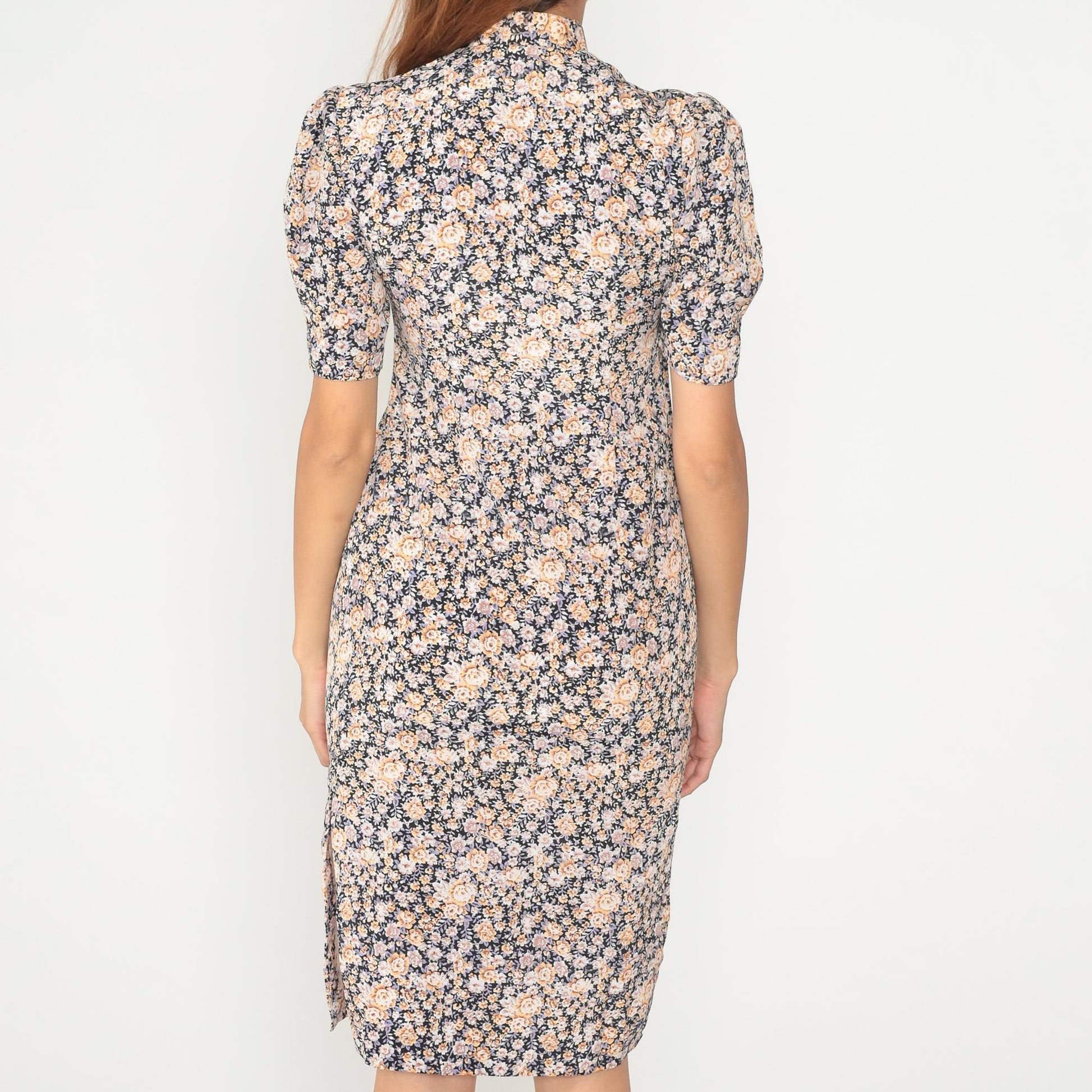 90s Floral Midi Dress Mandarin Collar Puff Sleeve Navy Peach Small