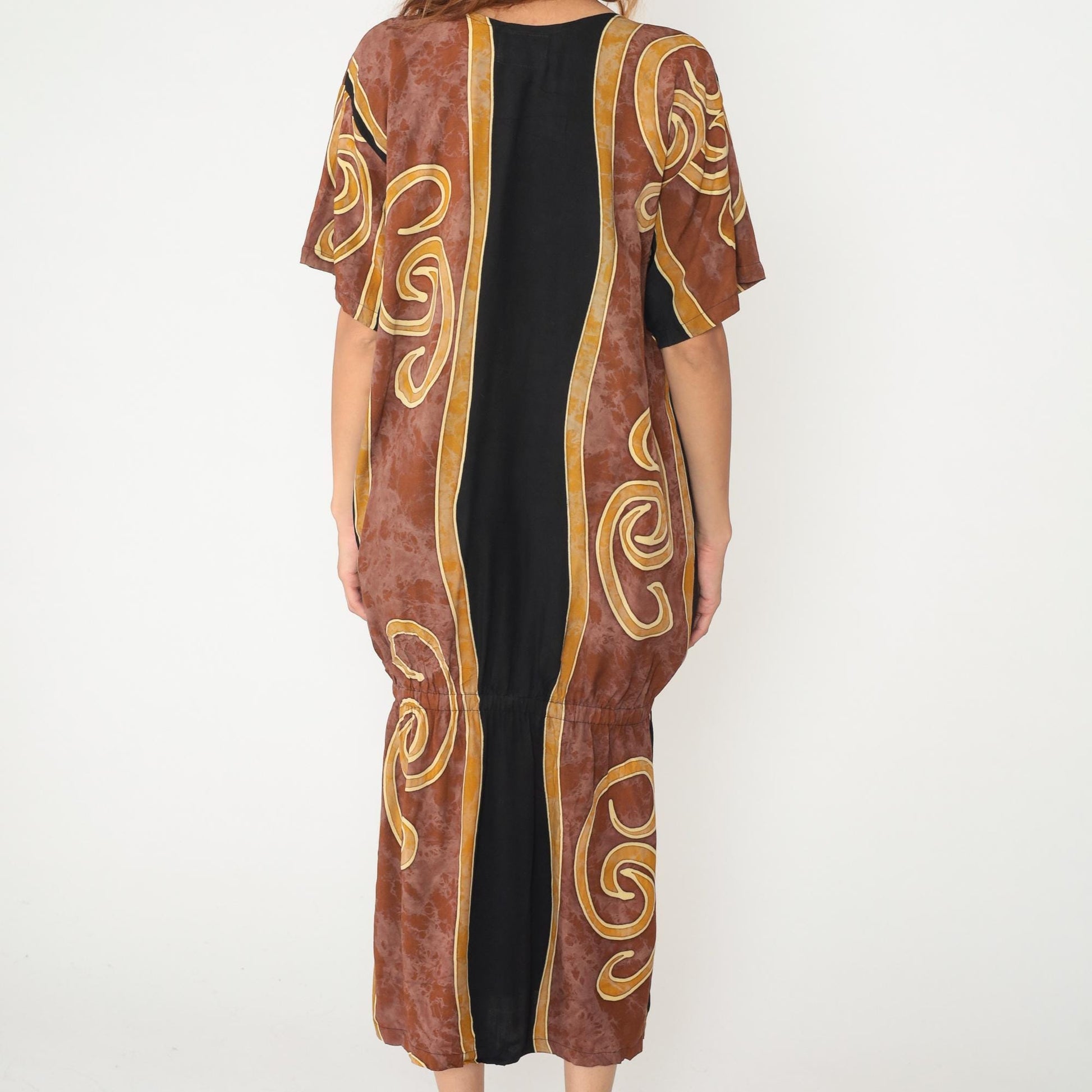 Y2K Tropical Tantrum Maxi Dress Brown Black Spiral V-Neck Flutter Sleeve Medium Large