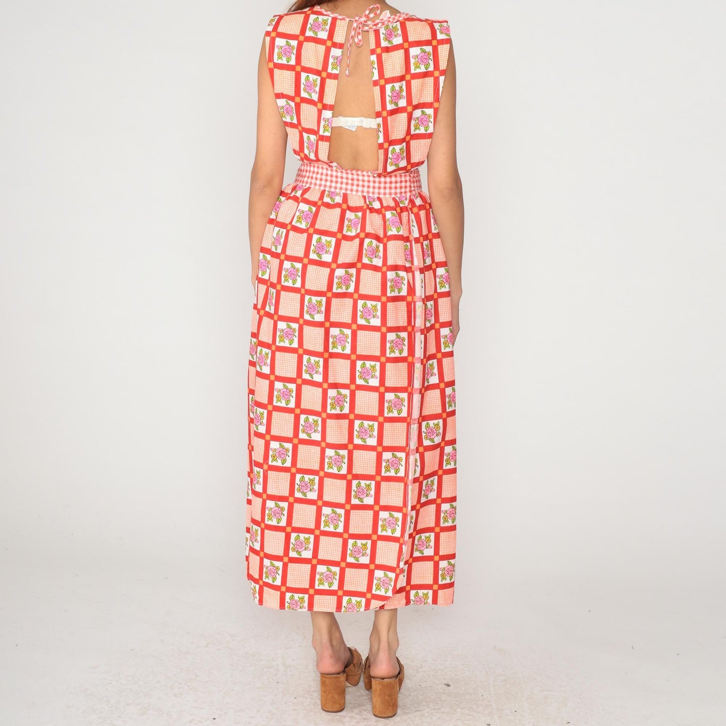 70s Design House Gingham Floral Maxi Dress Red White Pinafore Apron Small