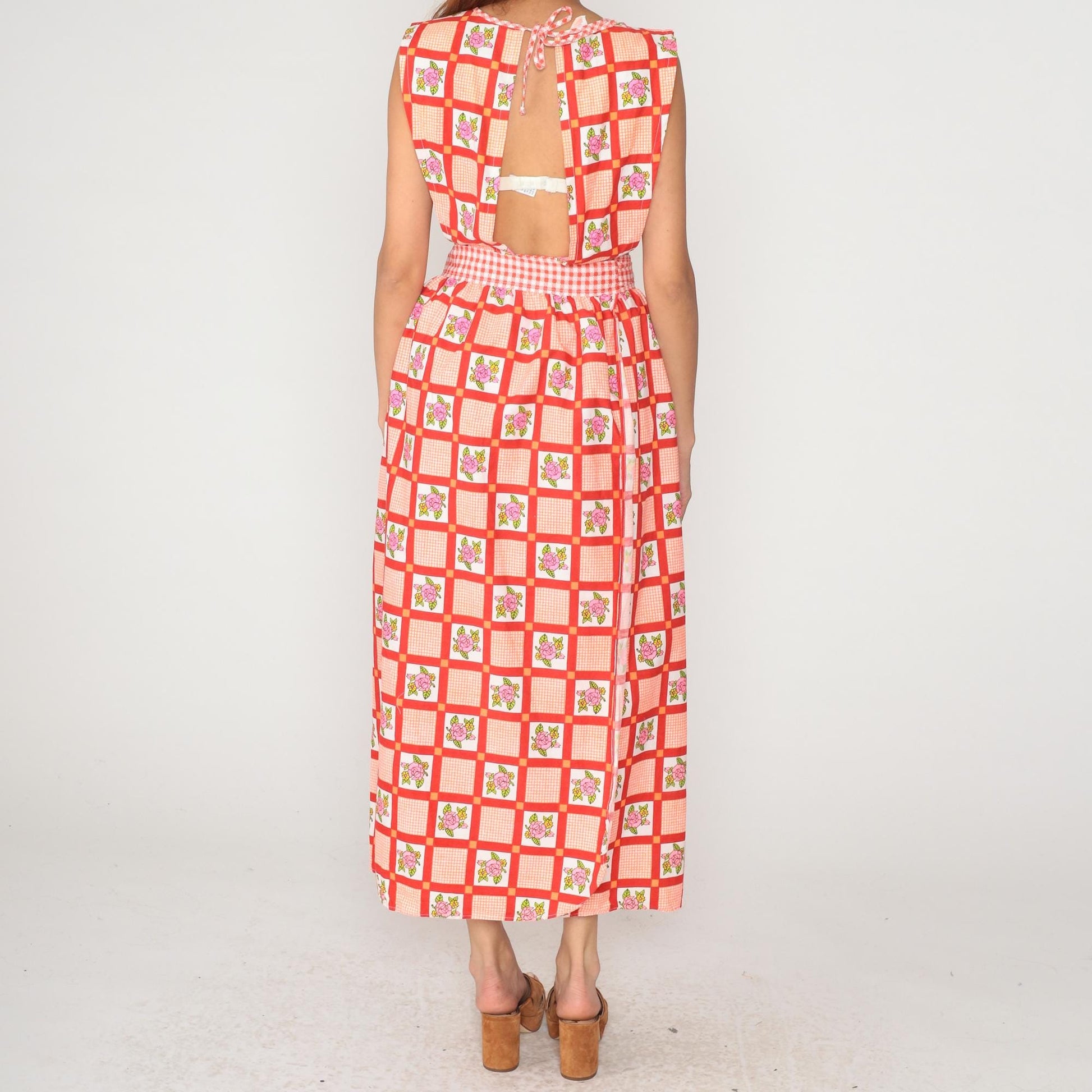 70s Design House Gingham Floral Maxi Dress Red White Pinafore Apron Small