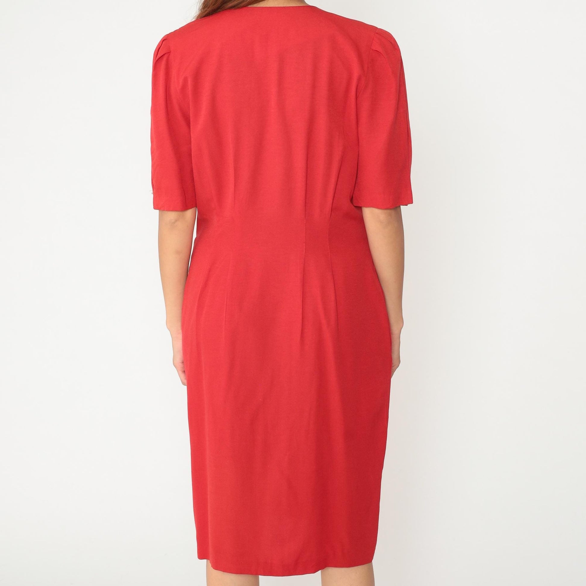 90s Caroline Wells Red Secretary Dress Pearl Buttons Short Sleeve Medium