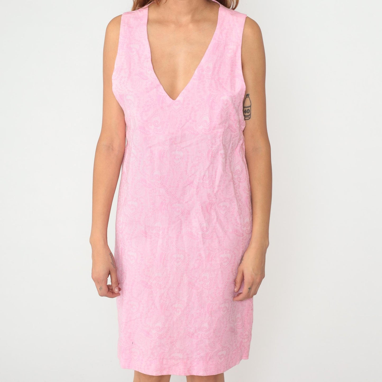 70s Pink Shift Dress Sleeveless V-Neck Mini Jacquard Small