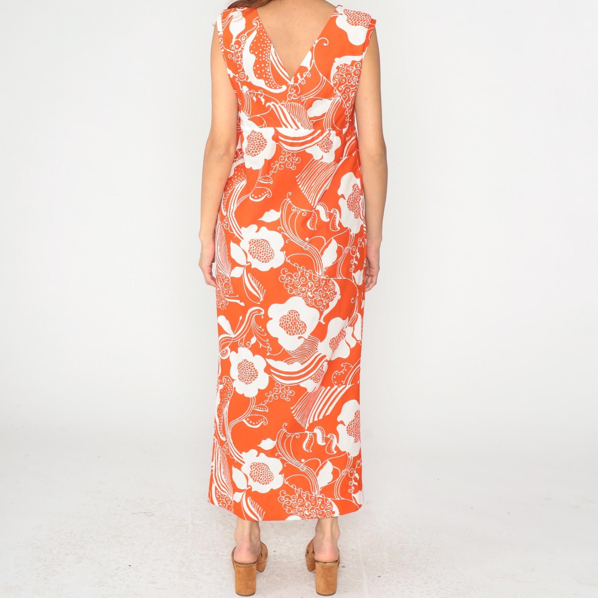 70s Halii Honolulu Orange Floral Maxi Dress Sleeveless V-Neck Large