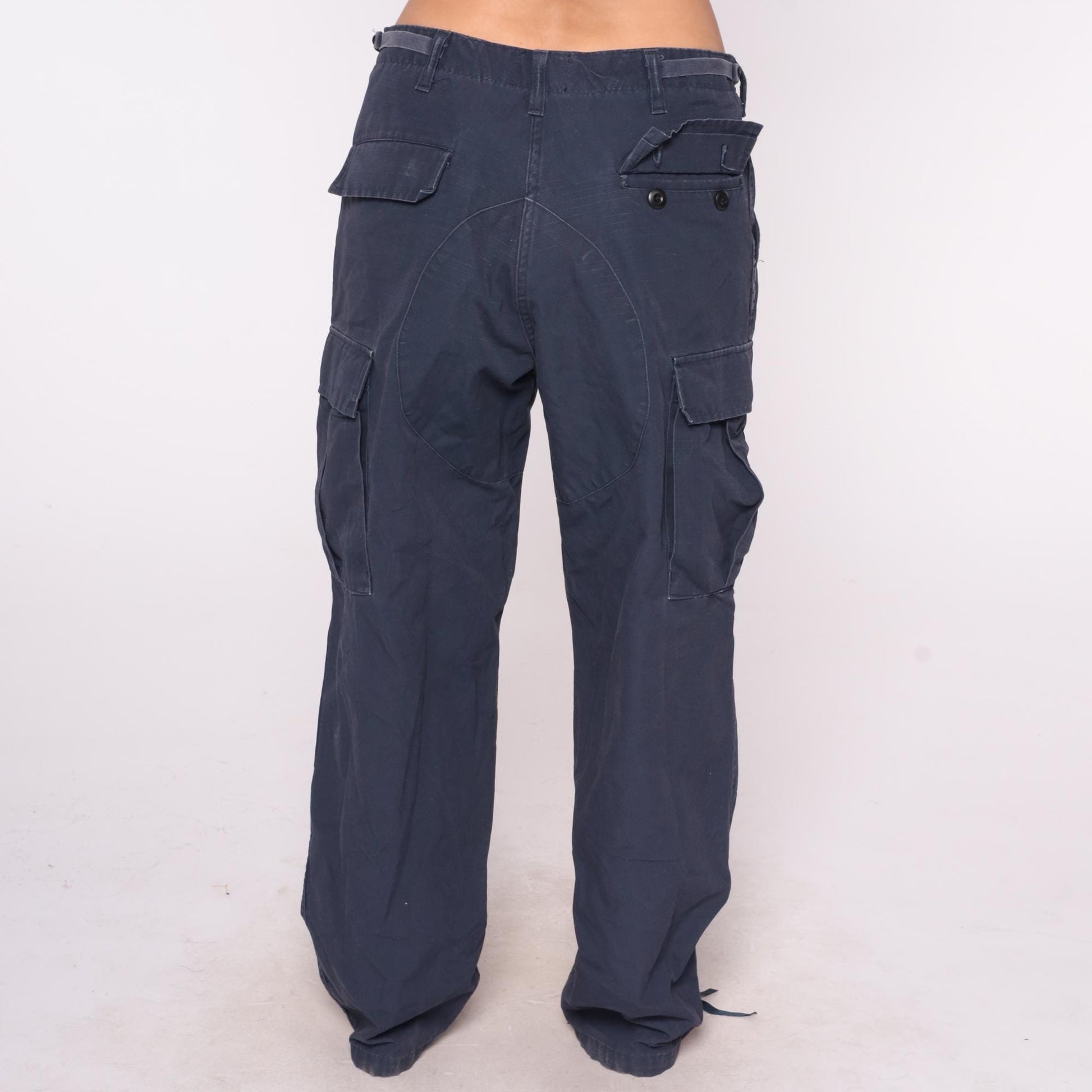 Y2K Navy Cargo Pants Straight Leg Drawstring Utility Pockets Medium