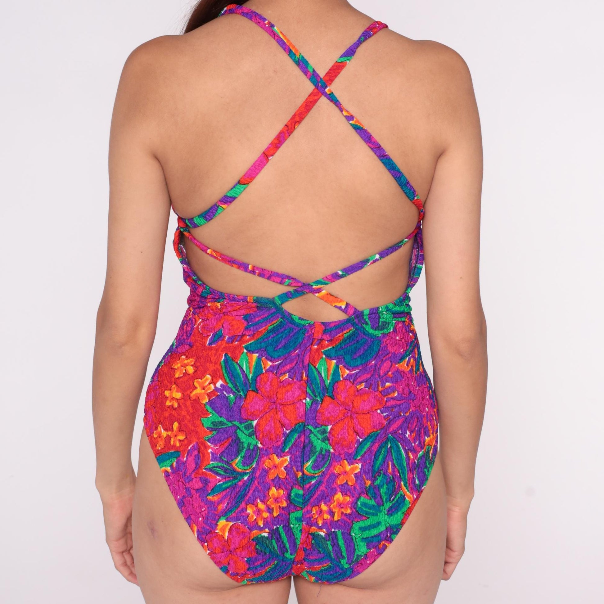 90s Elisabeth Stewart Tropical Floral One-Piece Swimsuit Halter High-Cut Extra Large