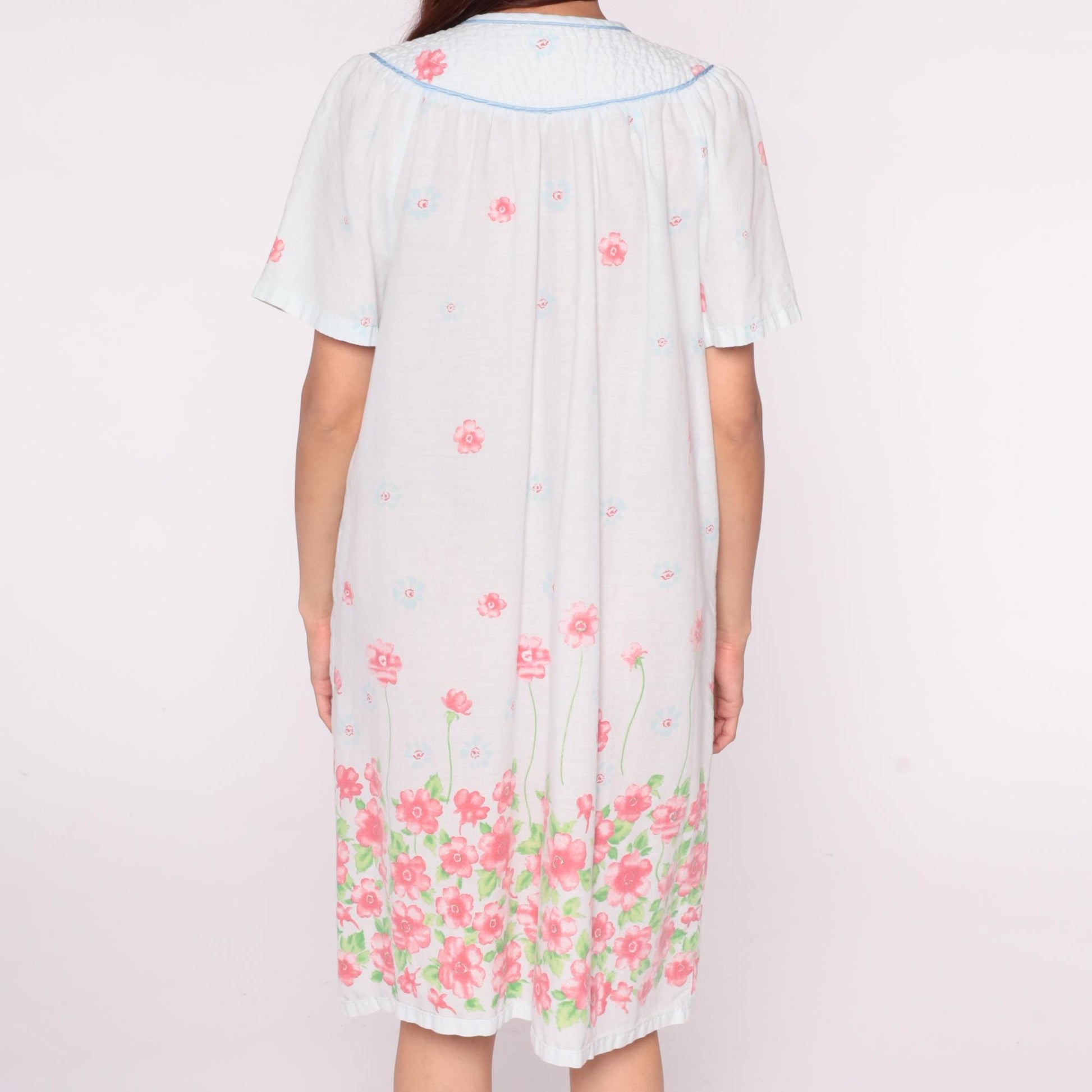 90s Emily Stacy Floral Nightgown White Pink Border Cotton Small