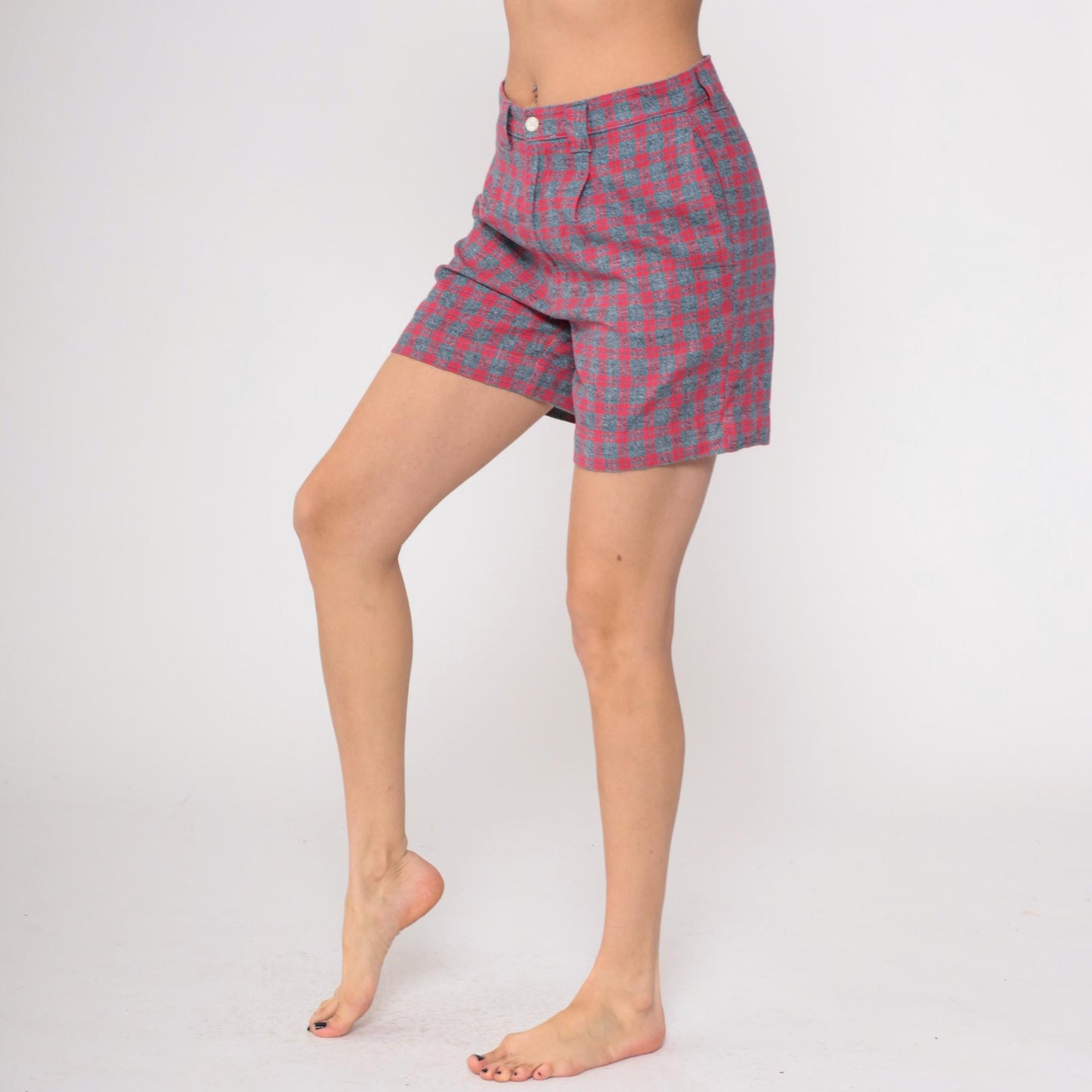 80s Pazzo Plaid High-Waisted Shorts Red Blue Button Front Medium
