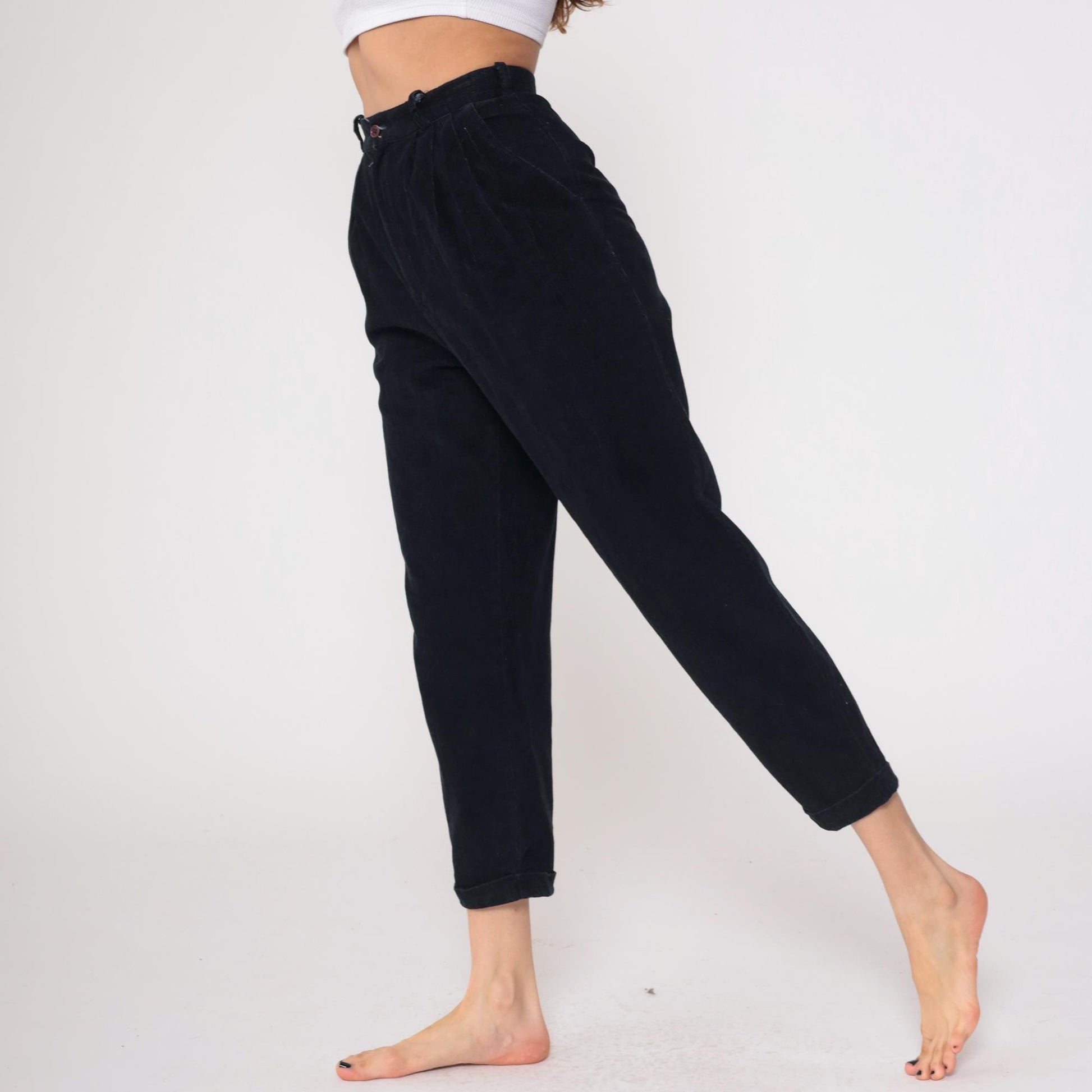 80s Michael Tracy Black Cotton High-Waisted Tapered Pants Small