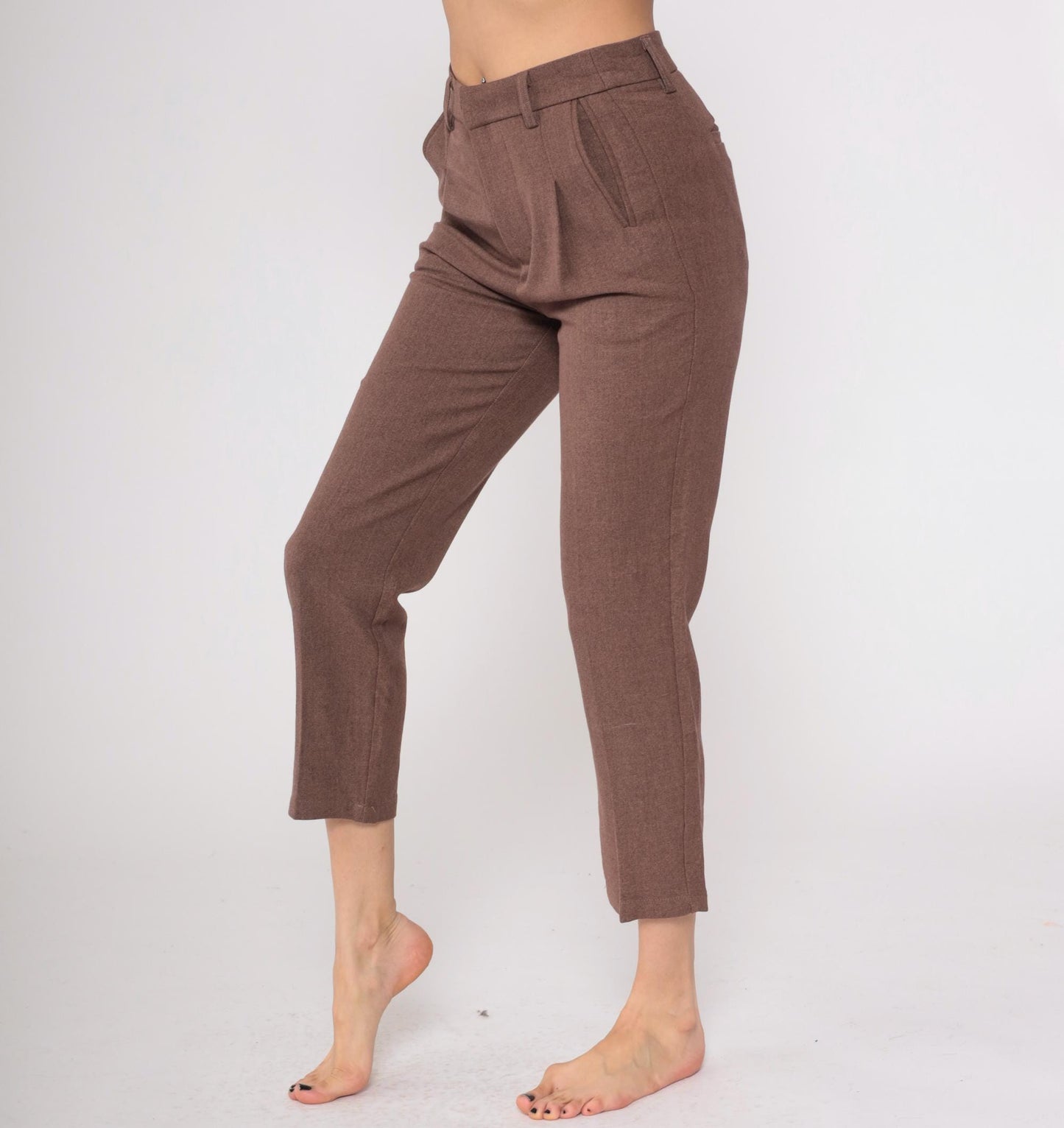Y2K Brown Pleated Cropped Trousers Straight Leg High Waist Medium M