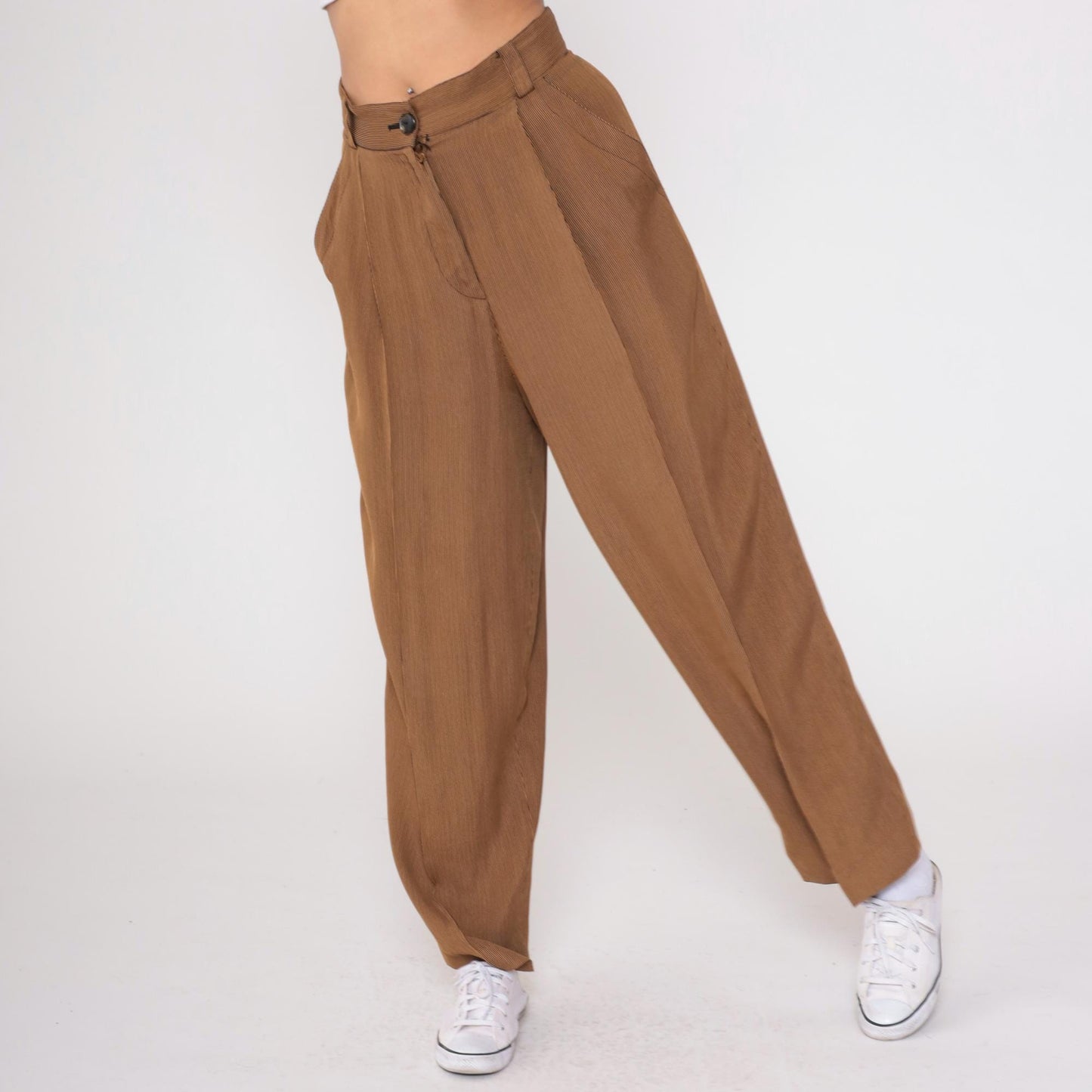 80s Emanuel Ungaro Pinstriped Trousers Brown Tan High Waist Pleated Medium