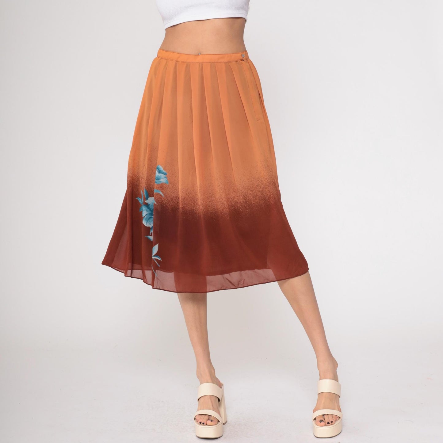 70s Peachy Brown Ombre Pleated Knee Skirt Blue Floral Small