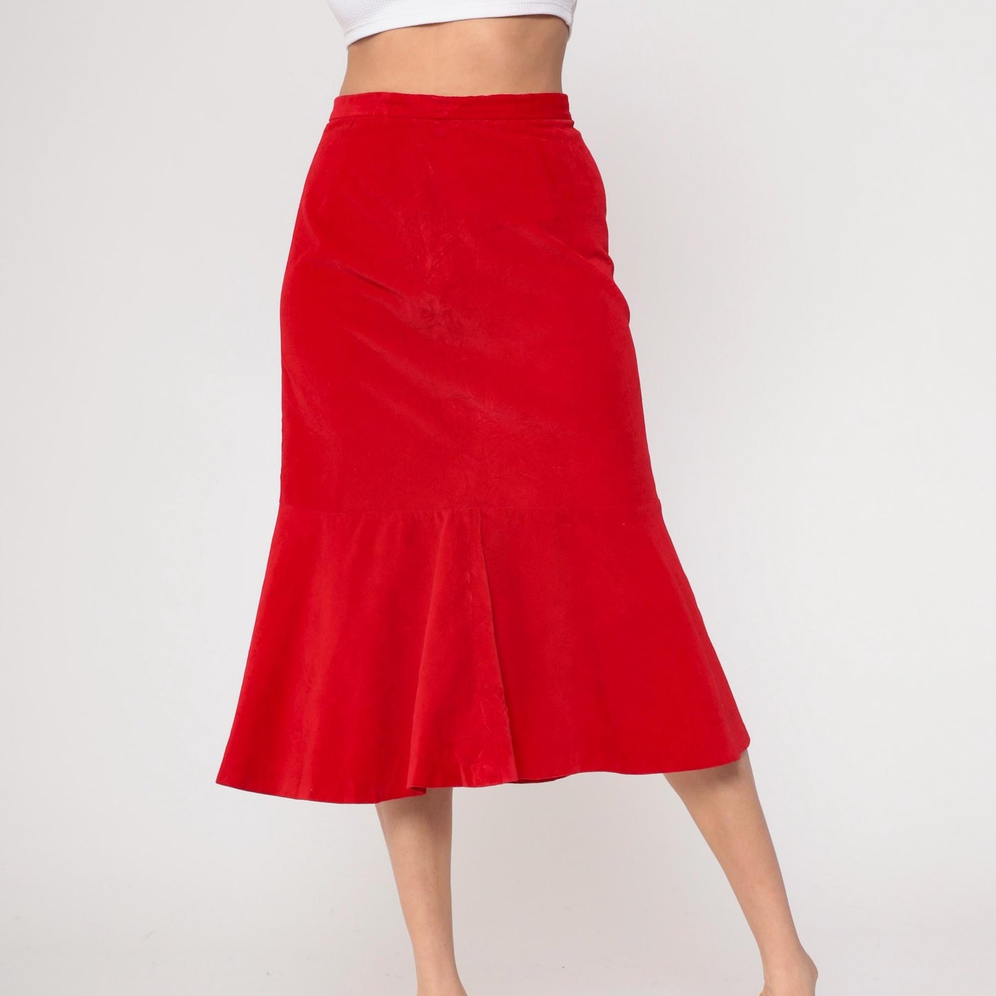 70s Red Velvet Midi Skirt Bucaretti High Waisted Trumpet Flare Small