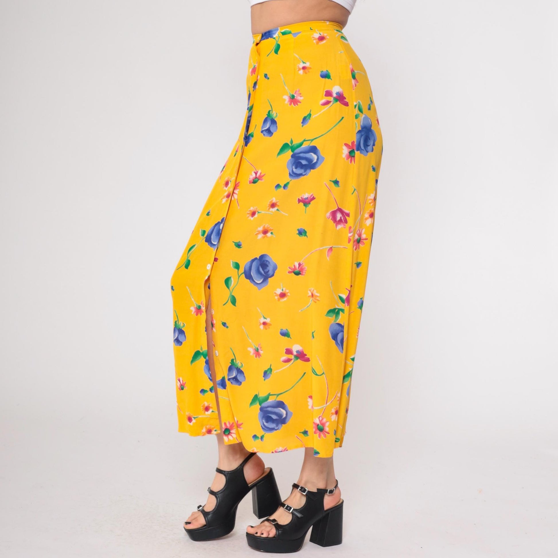 90s Breeches Yellow Floral Maxi Skirt Button Front Small