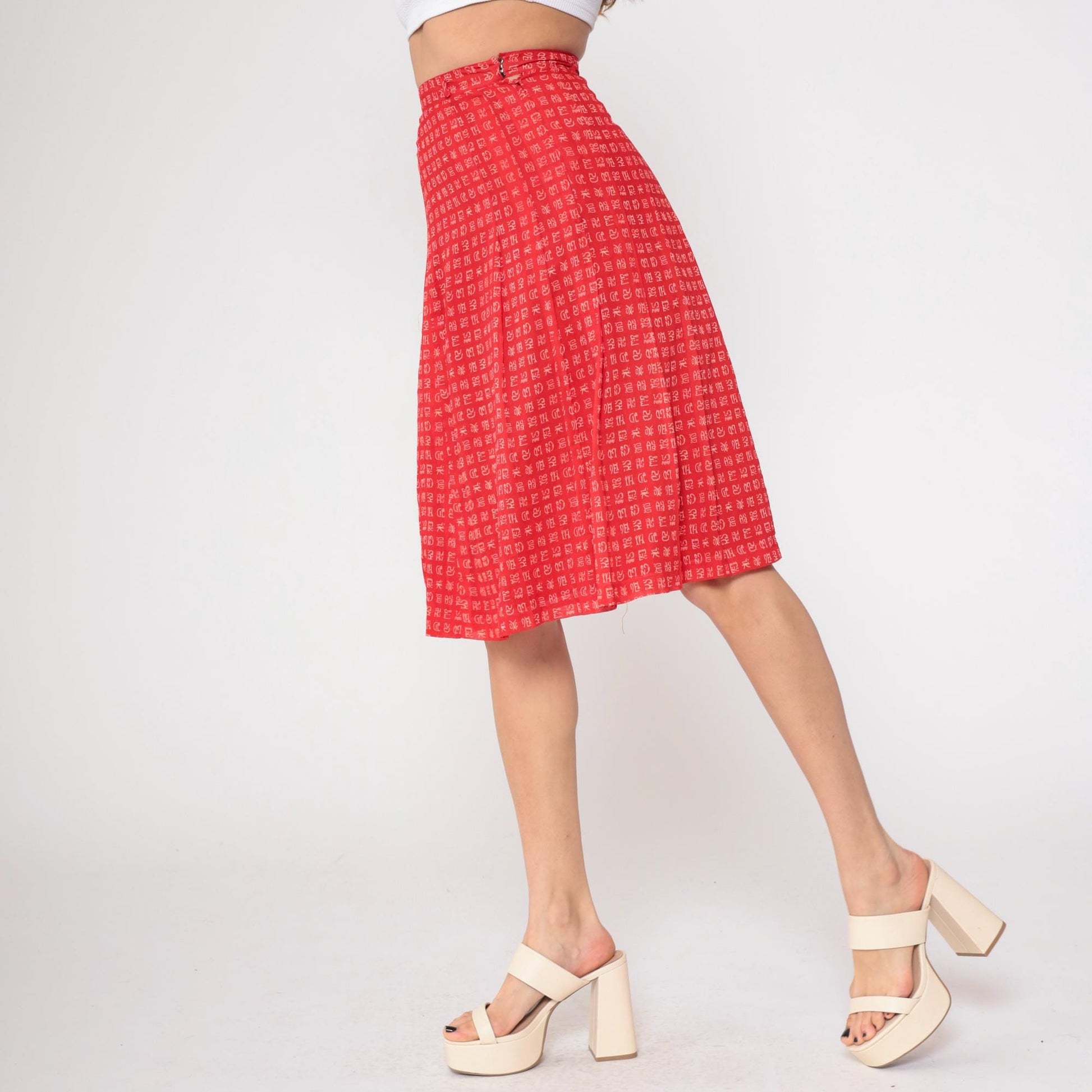 80s Red A-Line Mini Skirt Chinese Character Print High Waist Extra Small