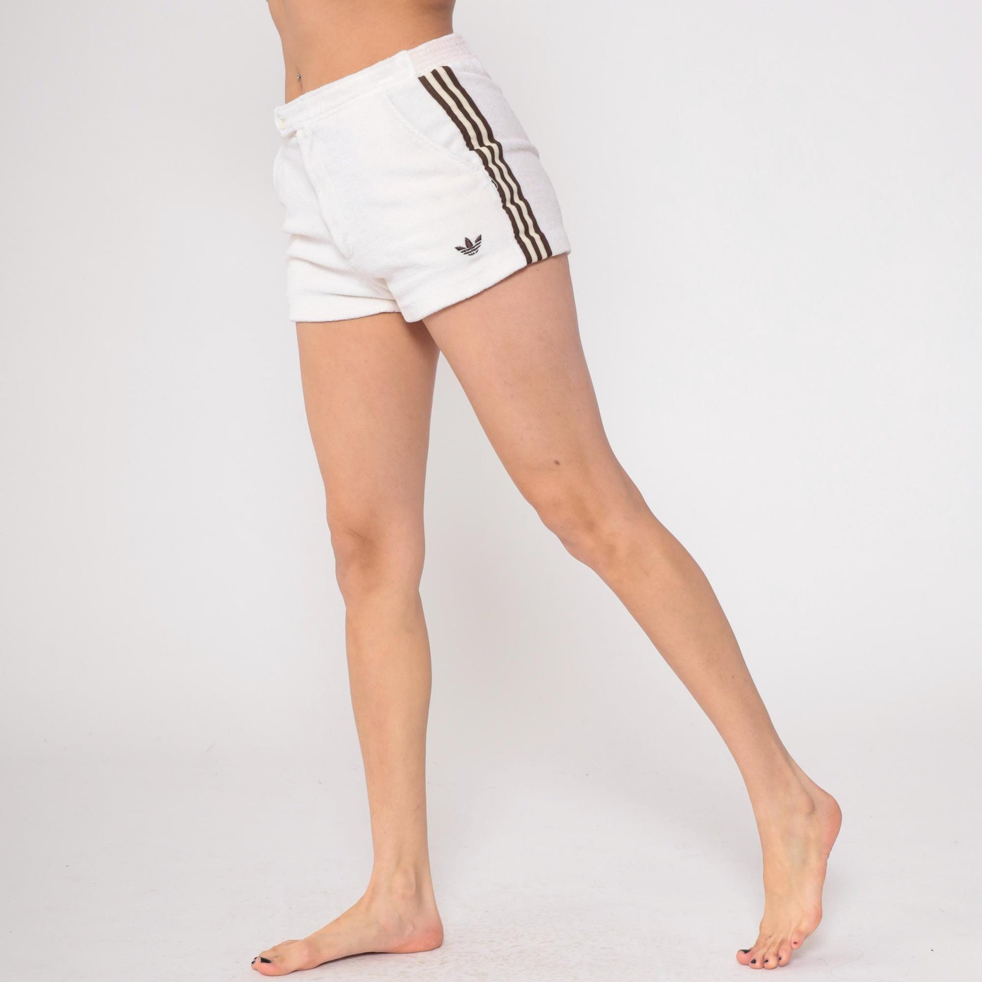 80s Adidas Terry Cloth Shorts White Brown Stripe Athletic Medium