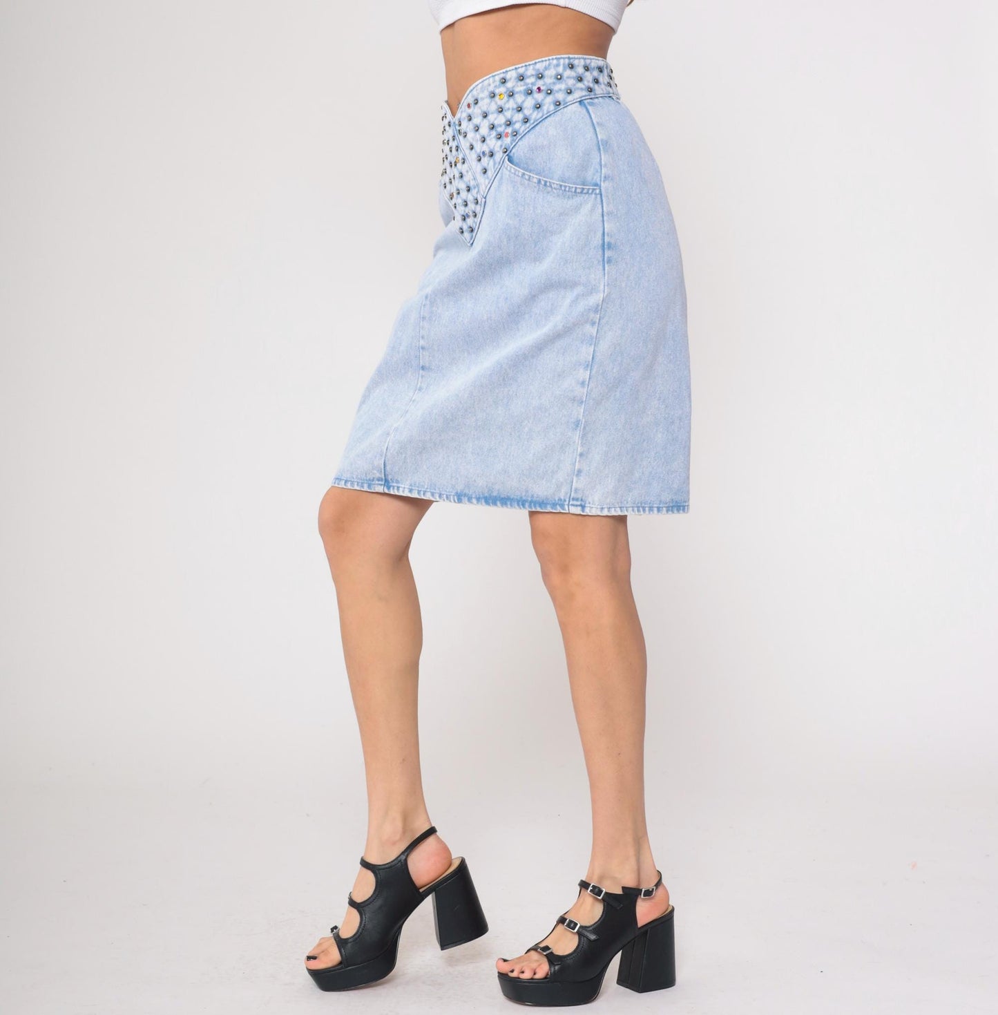 90s Opal Light Blue Studded Denim Mini Skirt Rhinestone High Waist Medium