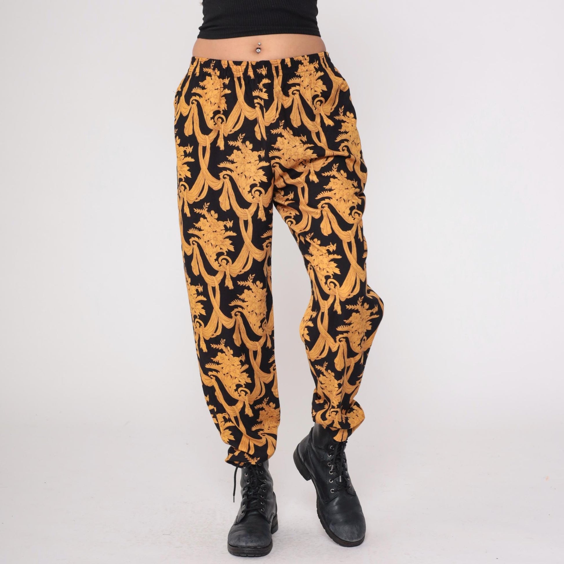90s Judy Knapp Black Gold Baroque Damask Pants Elastic Waist Medium M