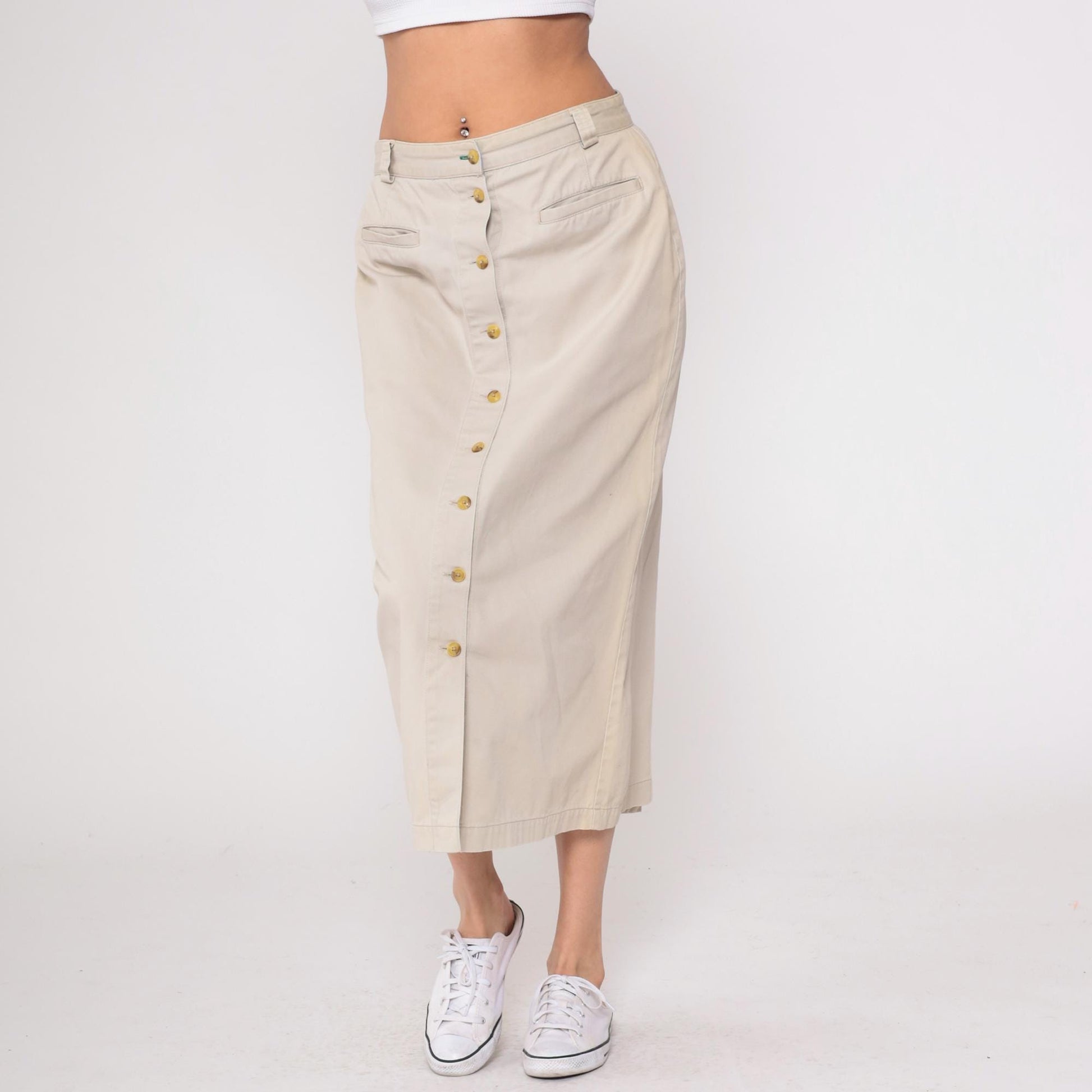 90s Tommy Hilfiger Khaki Skirt Cotton High Waist Button Front Large