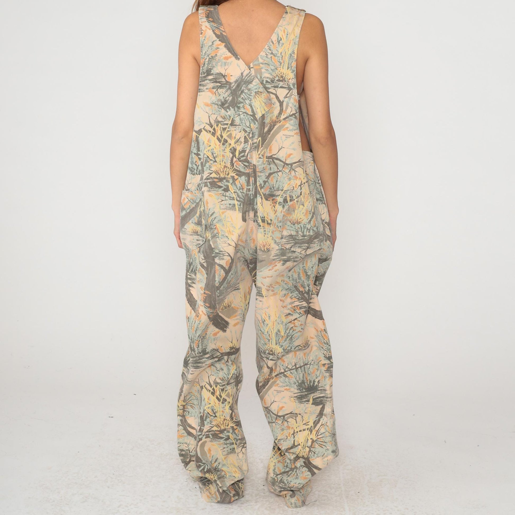 90s Everywear West Nature Print Overalls Wide Leg Beige XL
