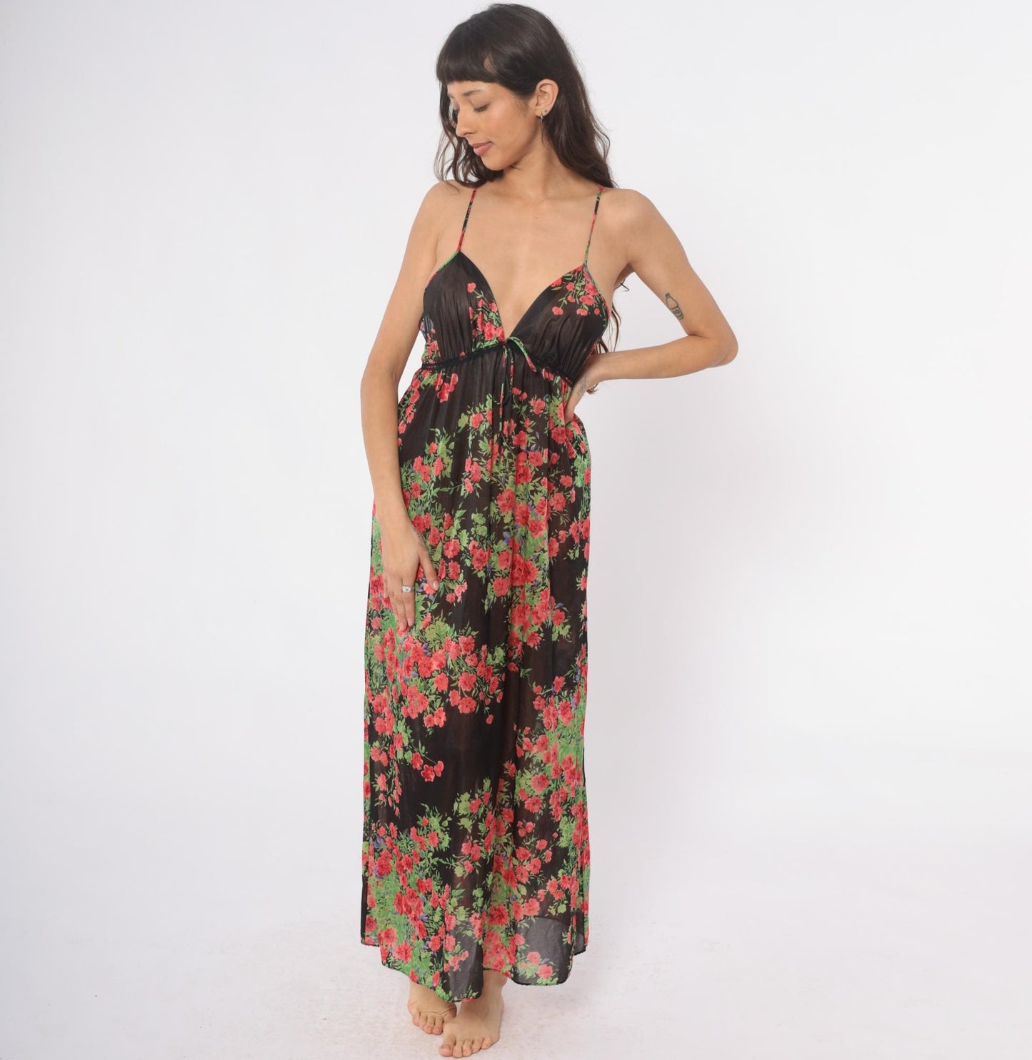 70s Black Floral Maxi Slip Dress Empire Waist V-Neck Spaghetti Strap Small