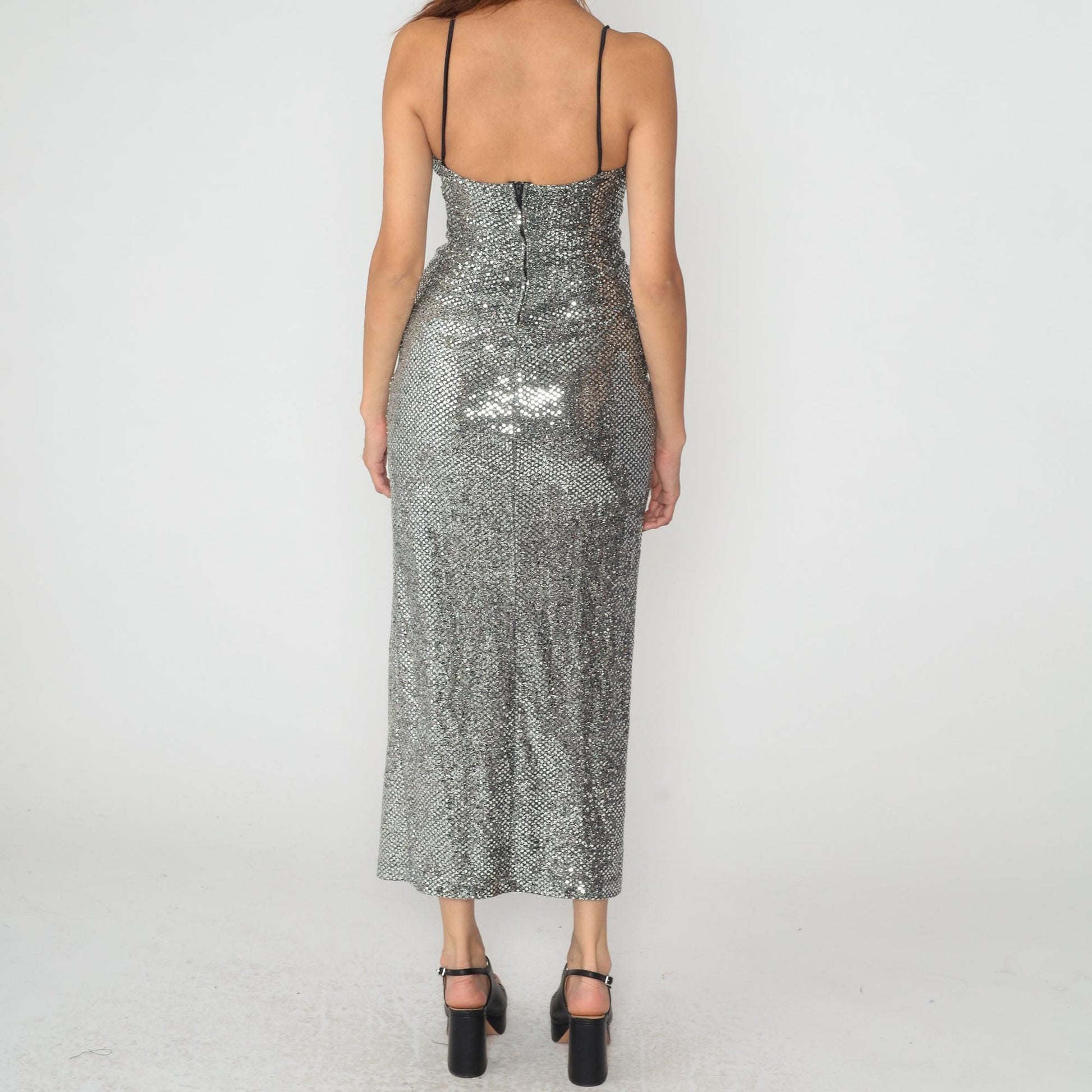 90s Michi Silver Sequin Maxi Dress Spaghetti Strap V Neck Slit Small S